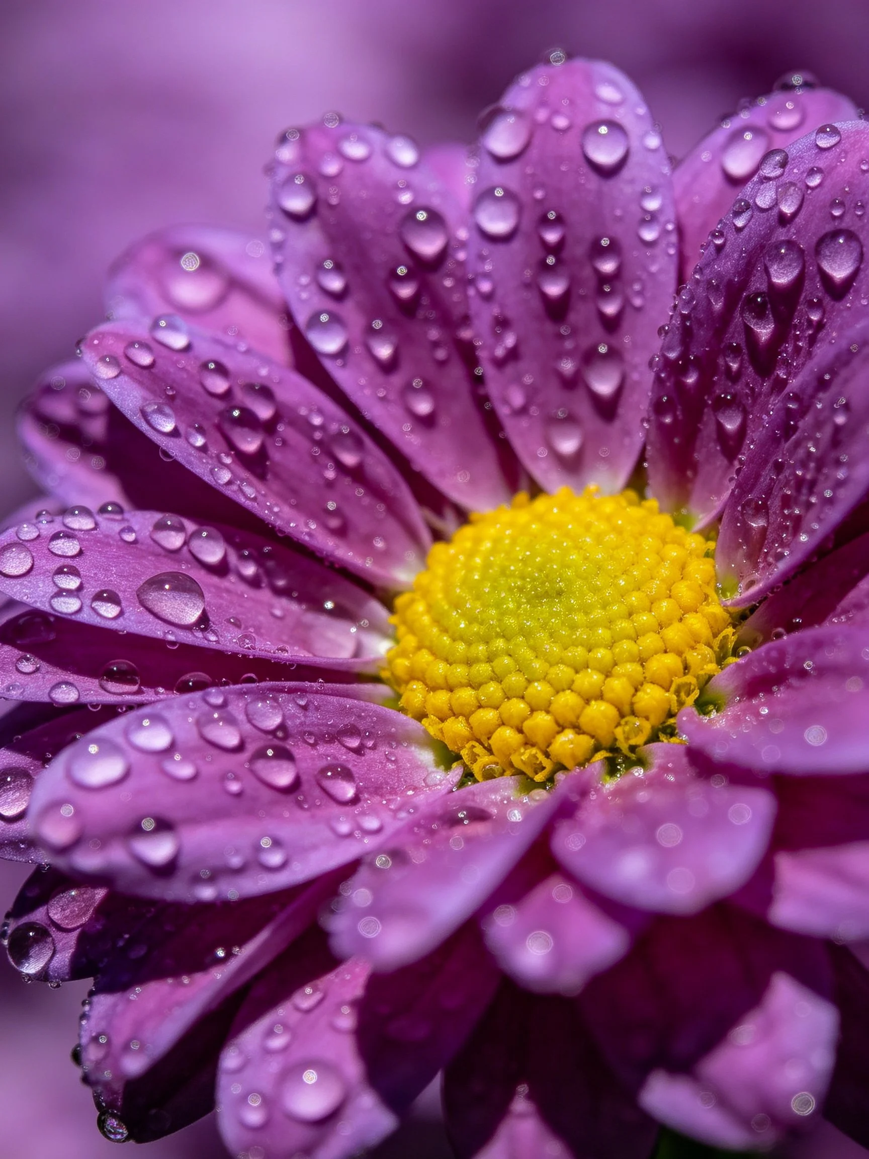 Close - up of a purple flower with numerous water droplets