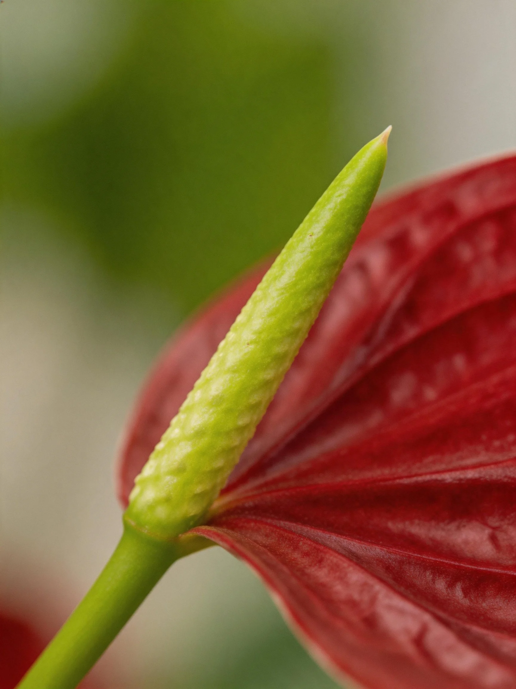 Close - up of a red anthurium with a green spadix bud