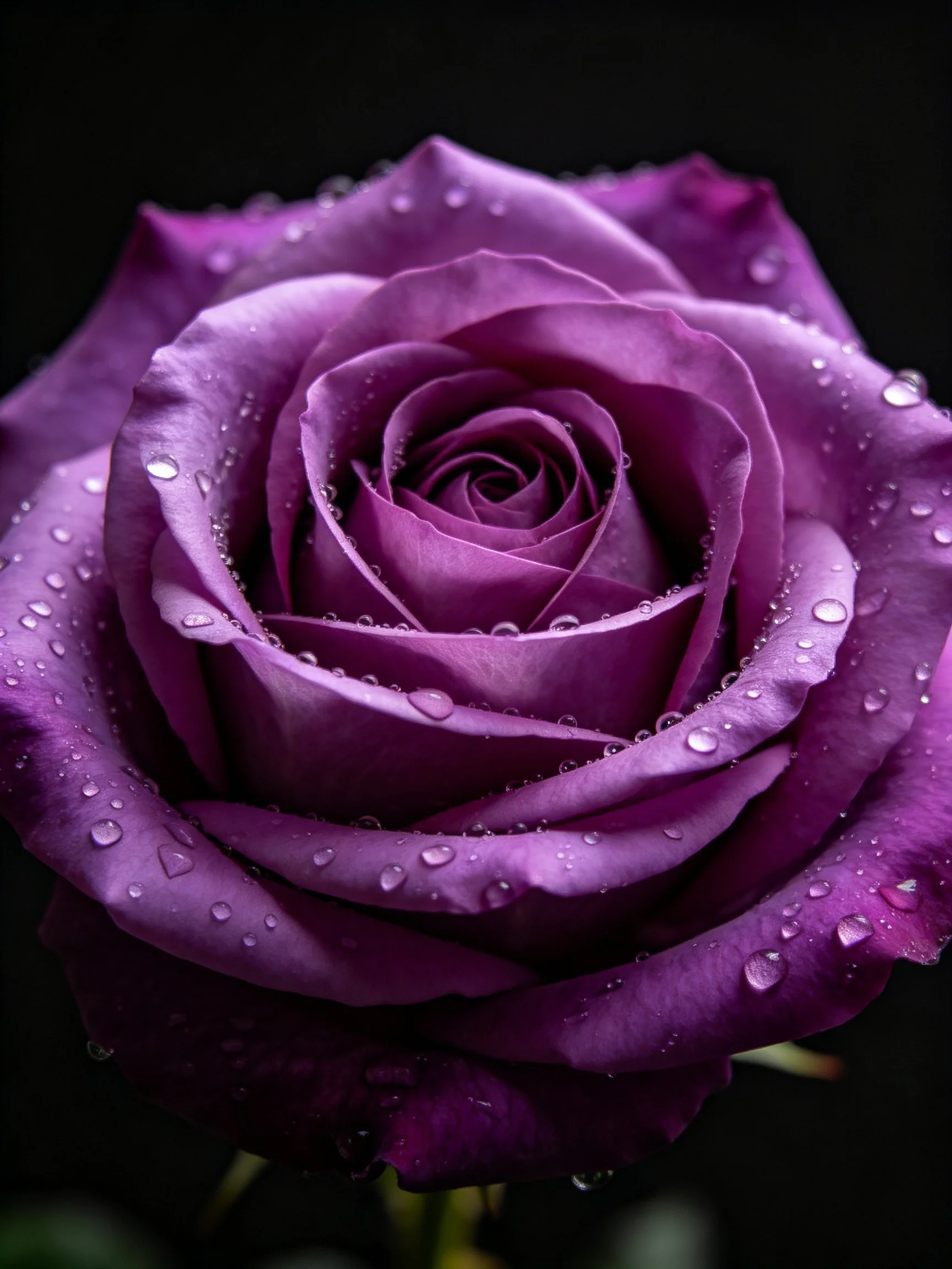 Close - up of a rich purple rose with water droplets