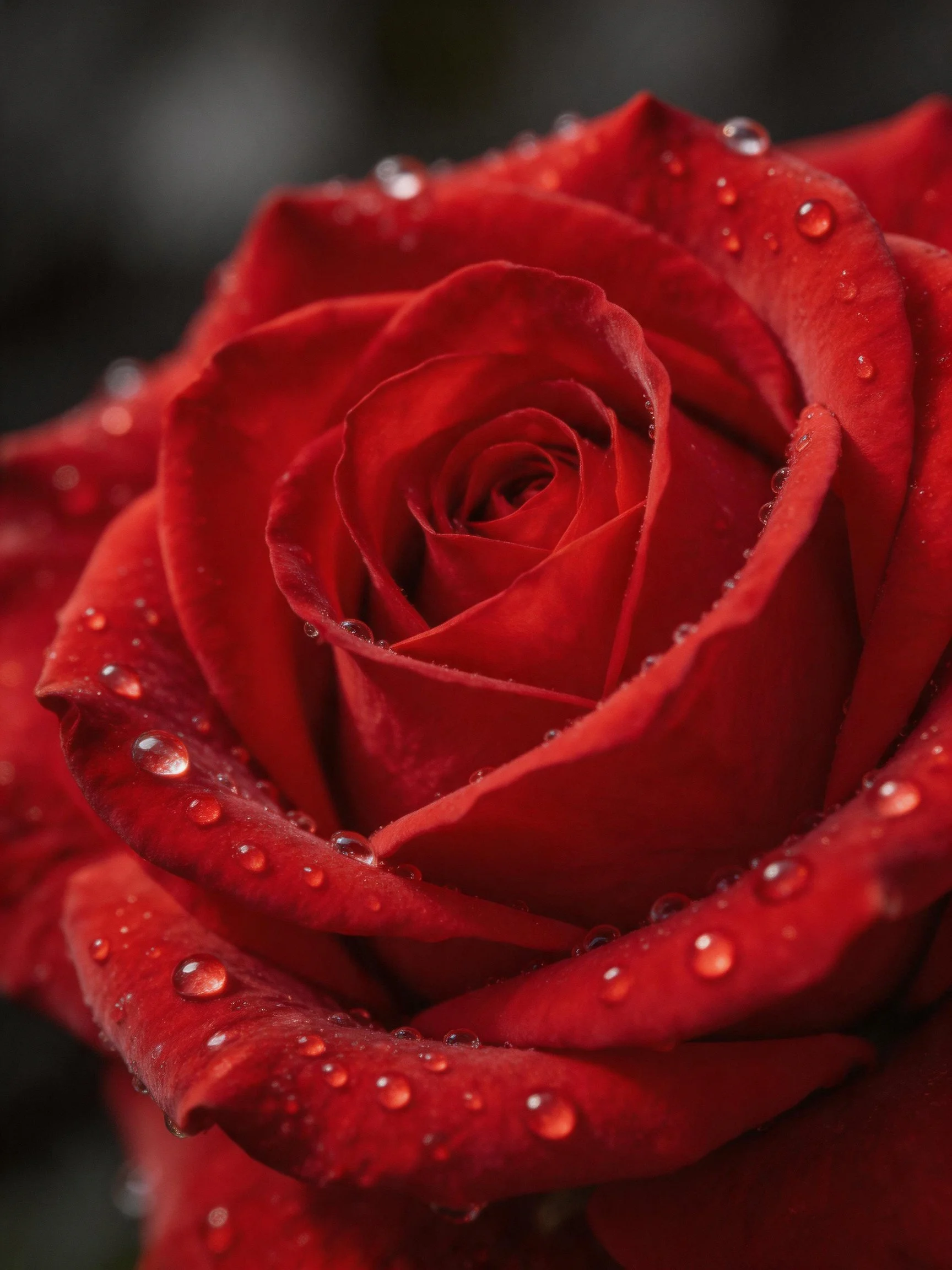 Close - up of a rich red rose with water droplets