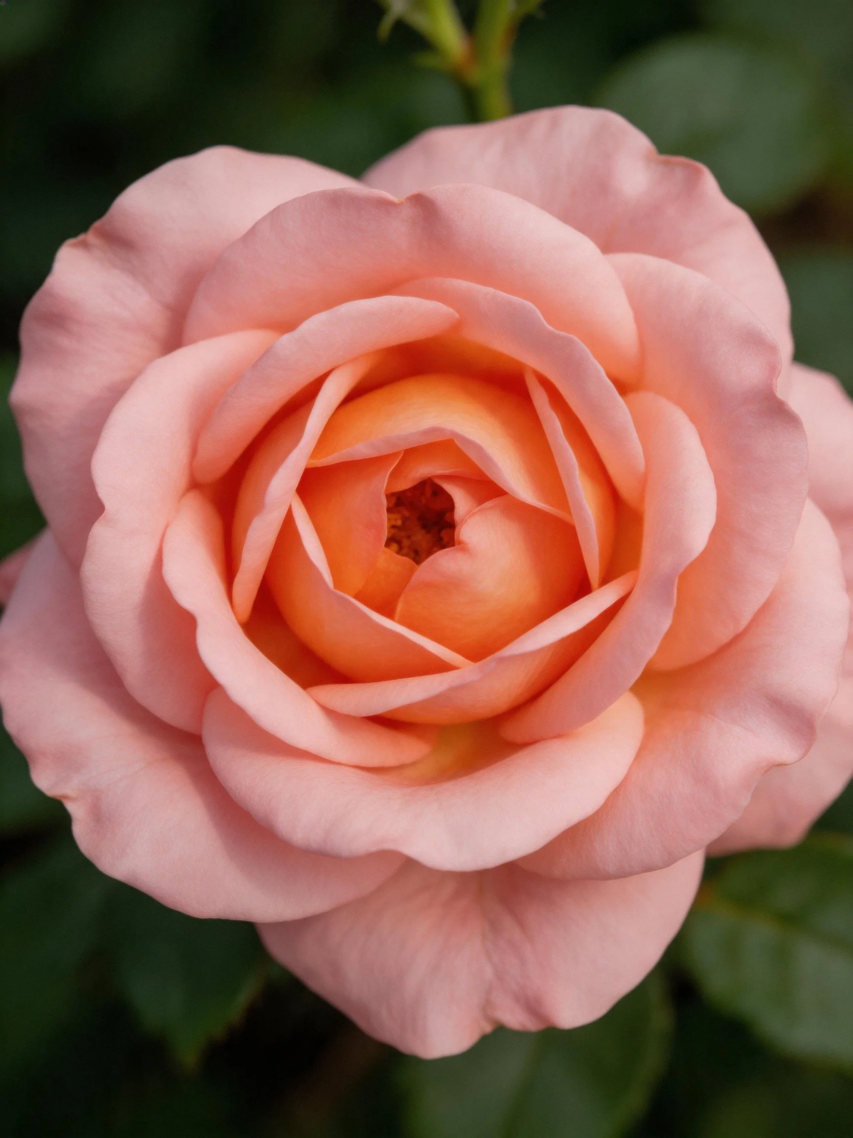 Close - up of a soft pink and orange rose with layered petals