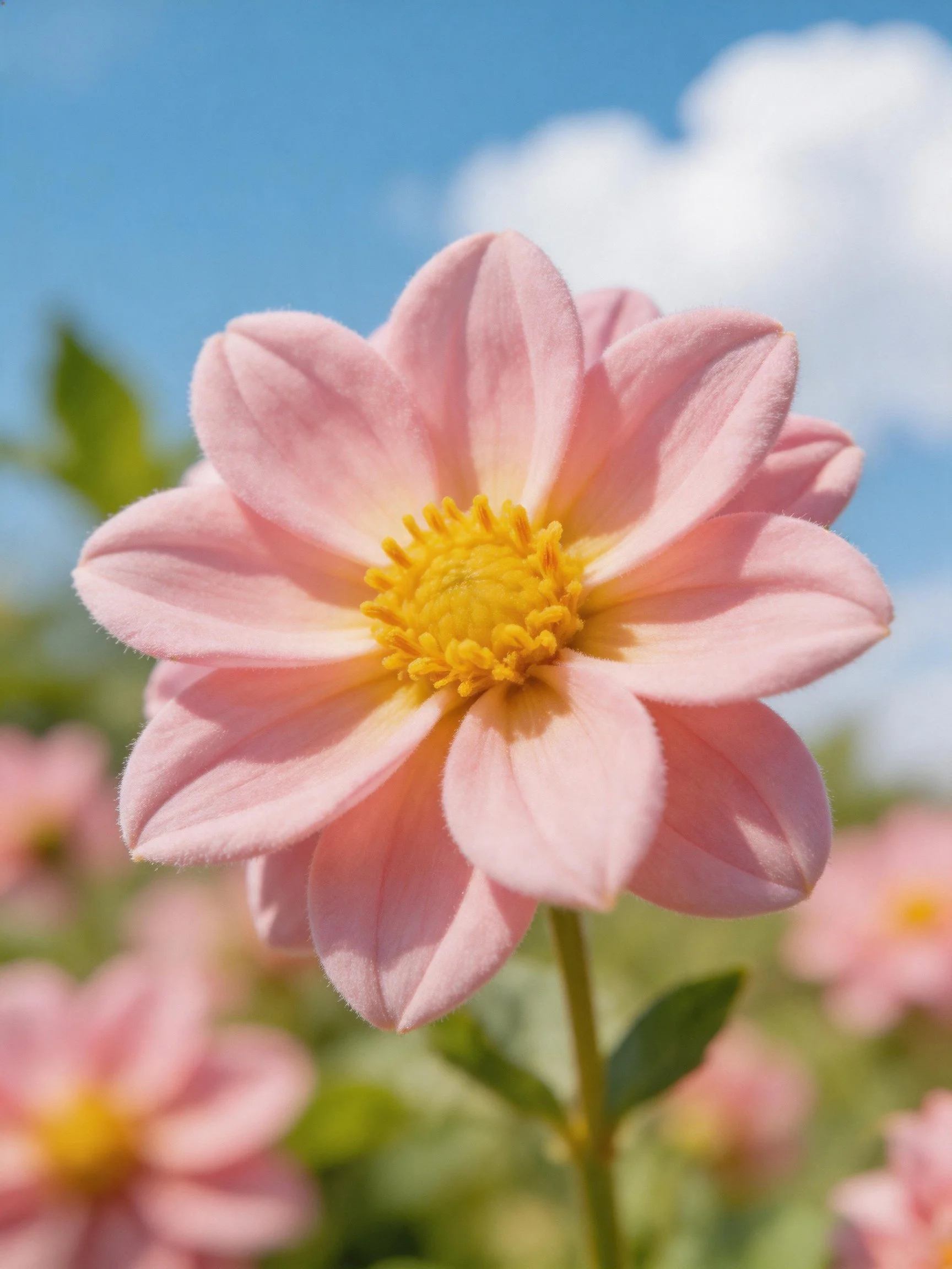 Close-up of a soft pink dahlia with a bright yellow center