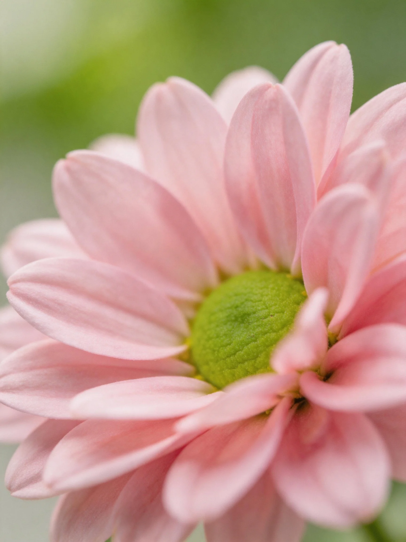 Close - up of a soft pink daisy with a bright green center
