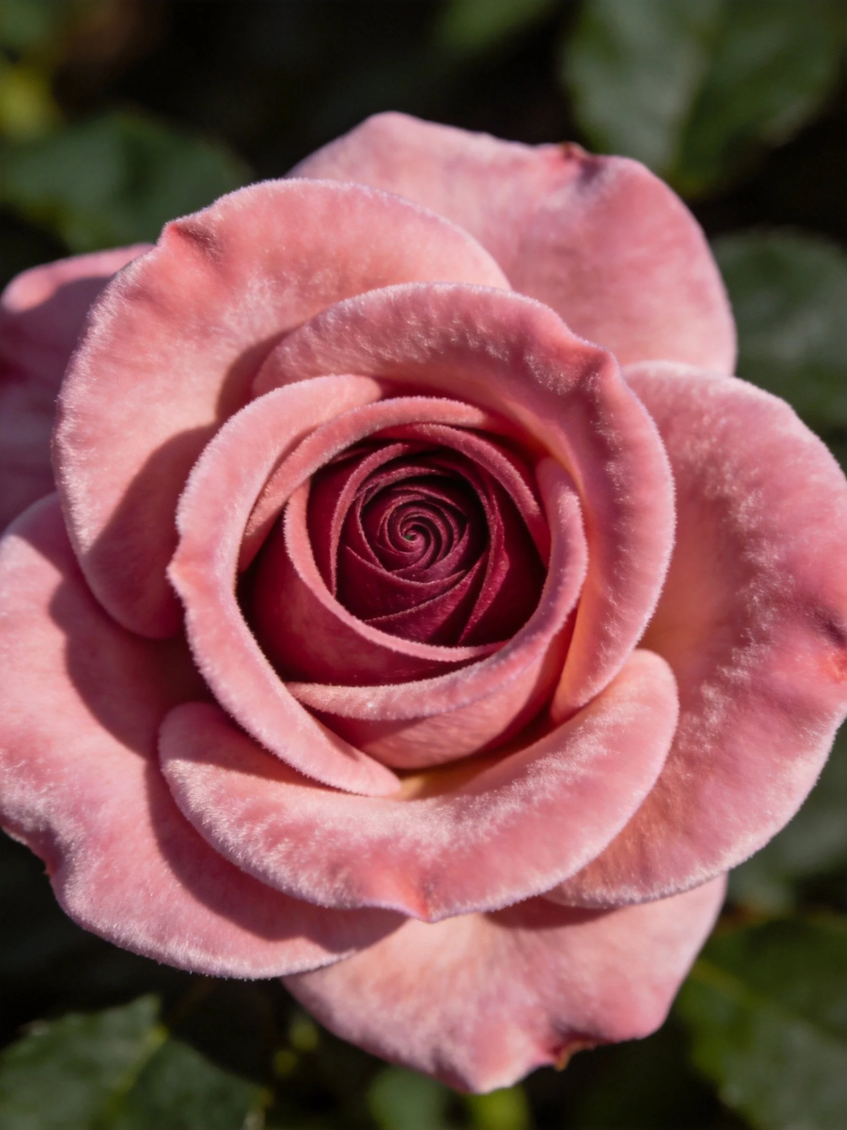 Close-up of a soft pink rose with deep red center