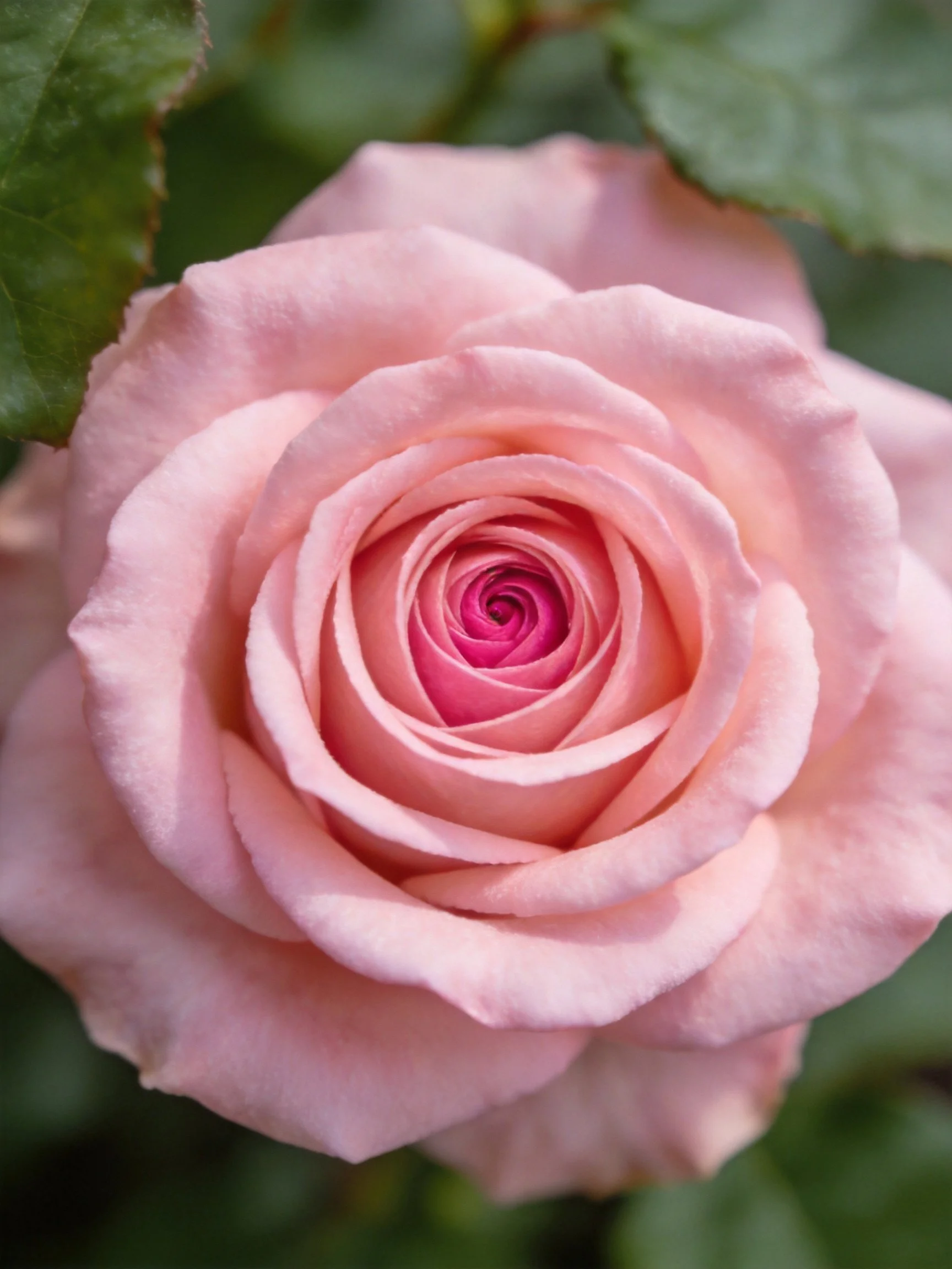 Close - up of a soft pink rose with layered petals
