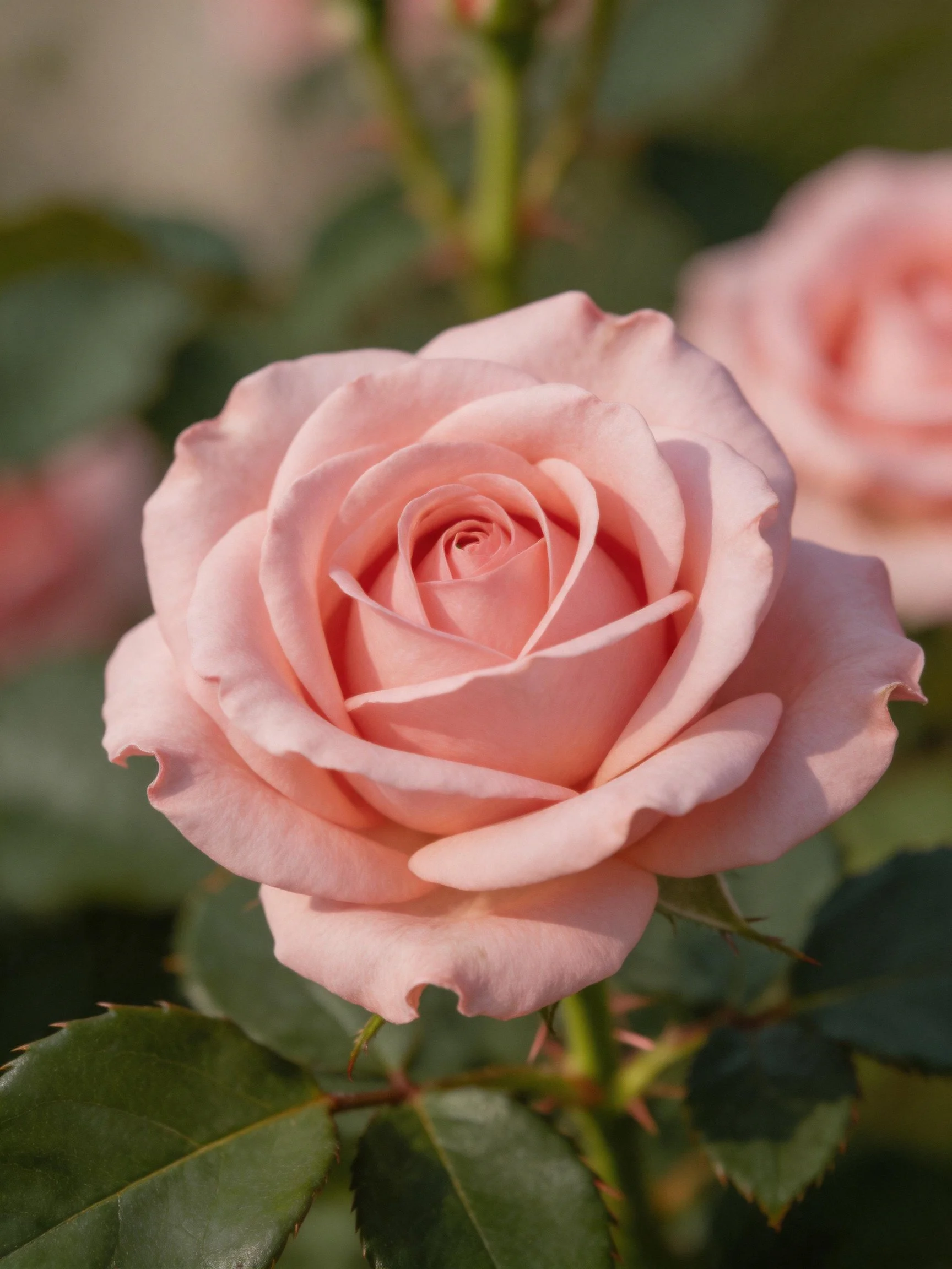 Close - up of a soft pink rose with layered petals