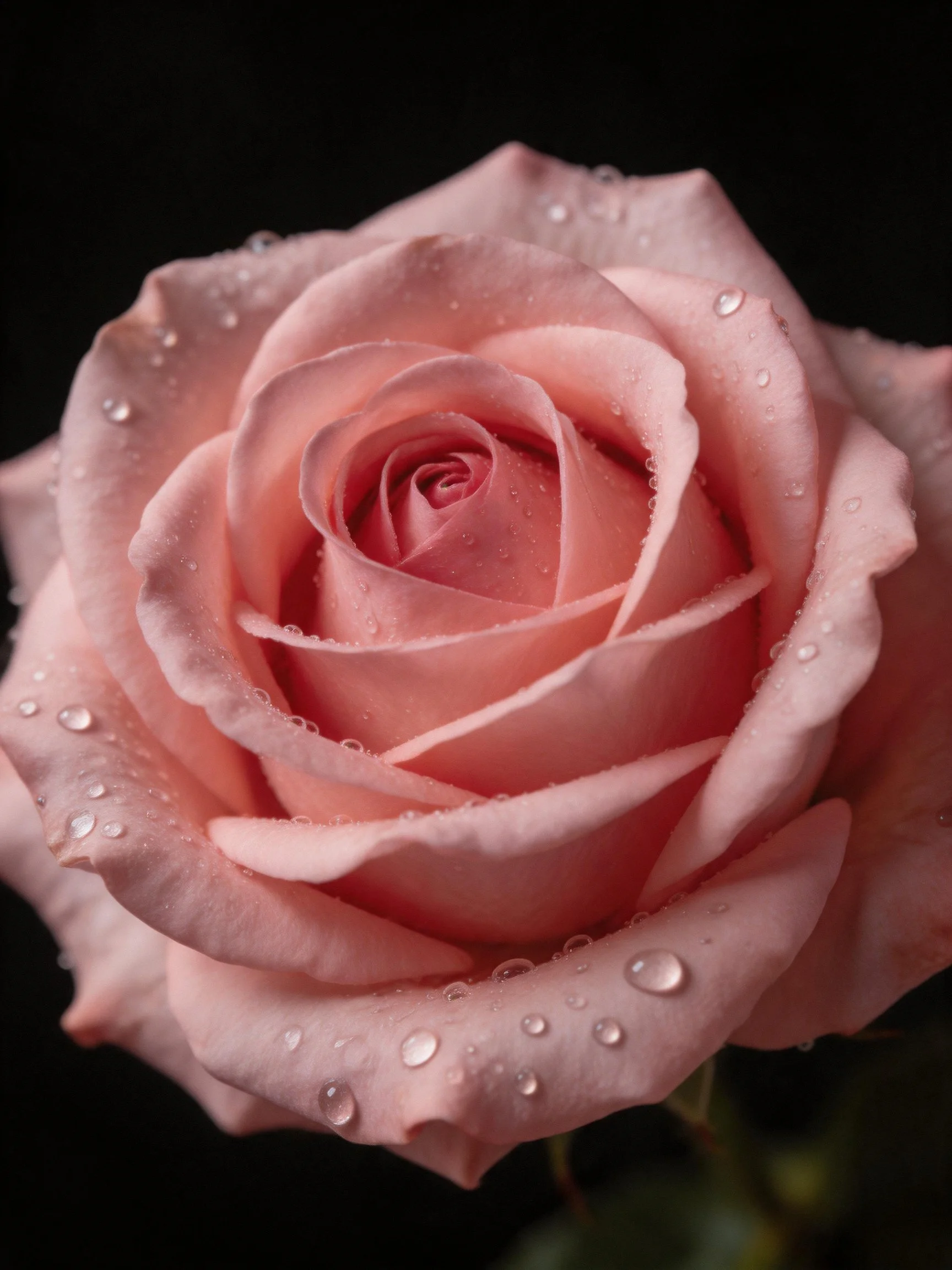 Close-up of a soft pink rose with water droplets