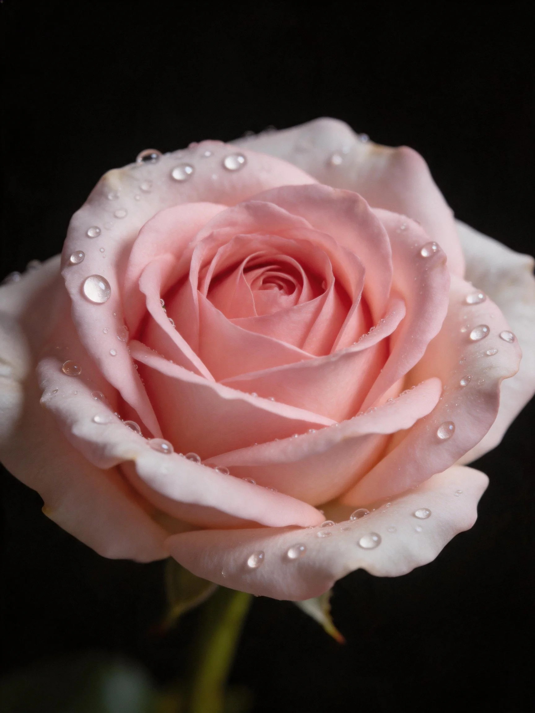 Close - up of a soft pink rose with water droplets