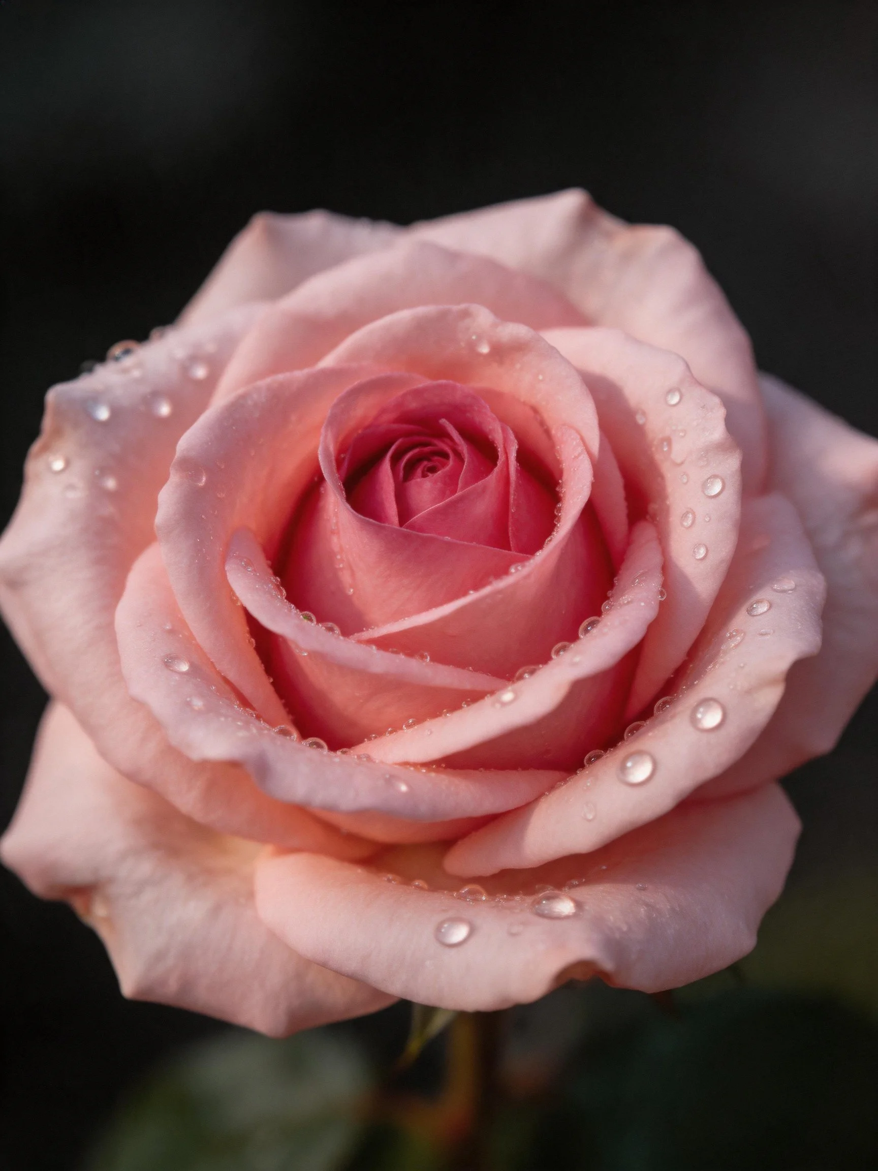 Close - up of a soft pink rose with water droplets