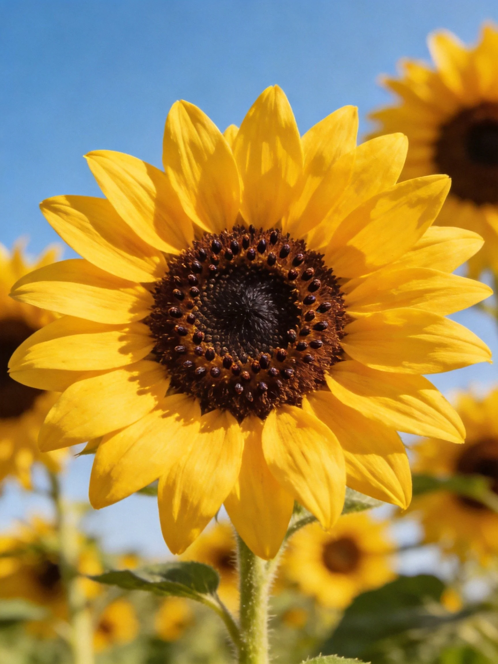 Close-up of a sunflower with golden petals and dark center against blue sky