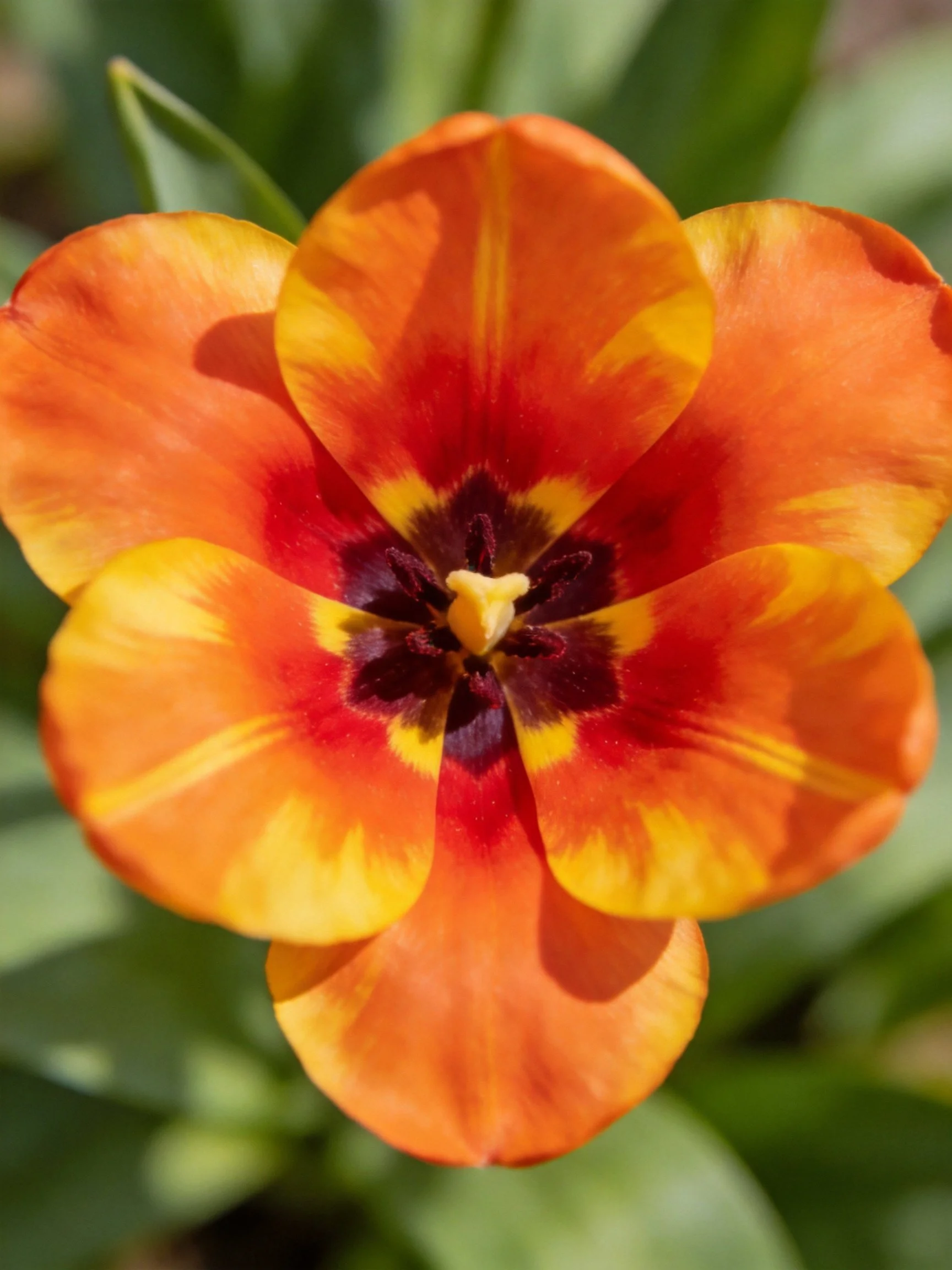 Close-up of a tulip with orange, yellow, and red petals