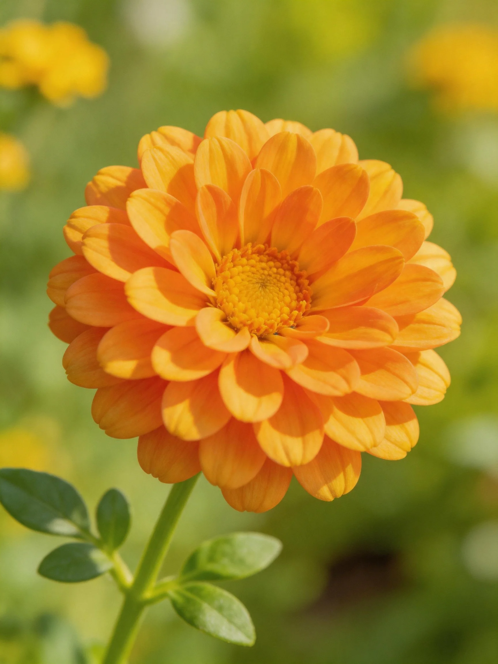 Close-up of a vibrant orange flower with layered petals and green leaves
