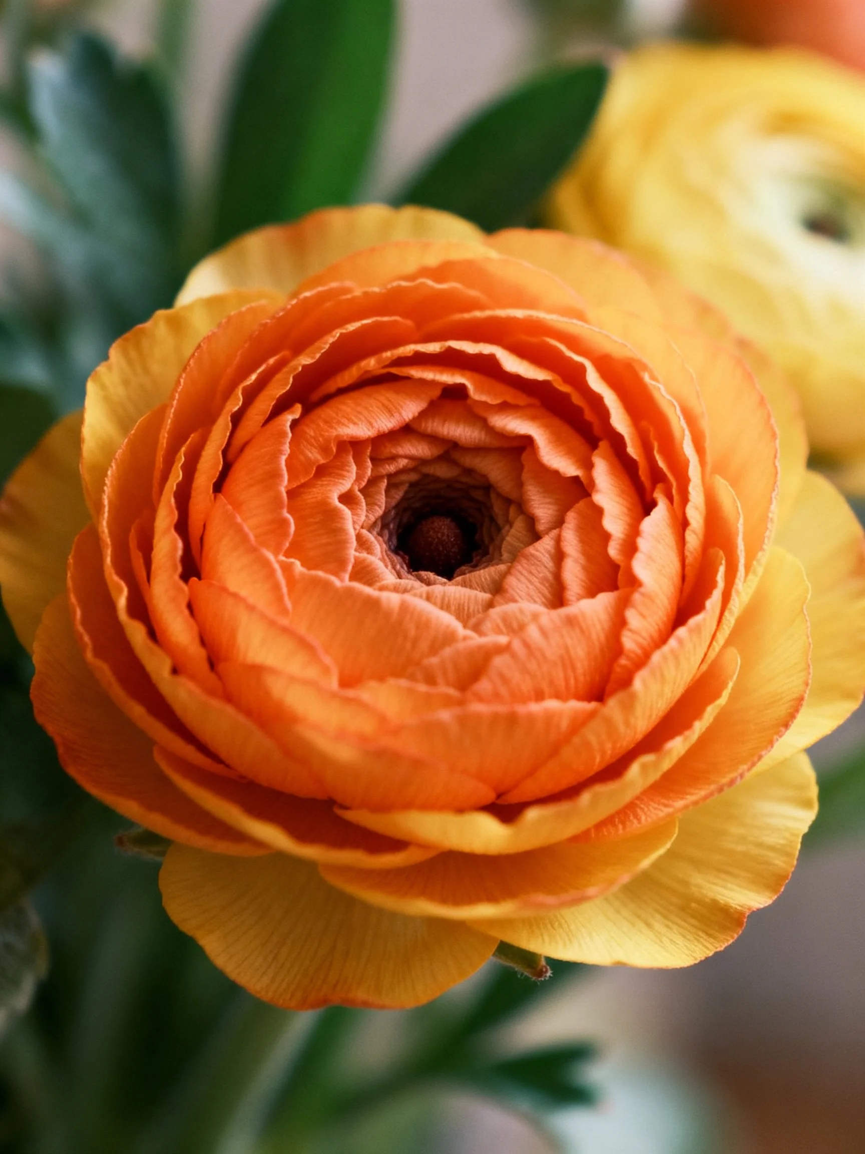 Close-up of a vibrant orange ranunculus with layered petals