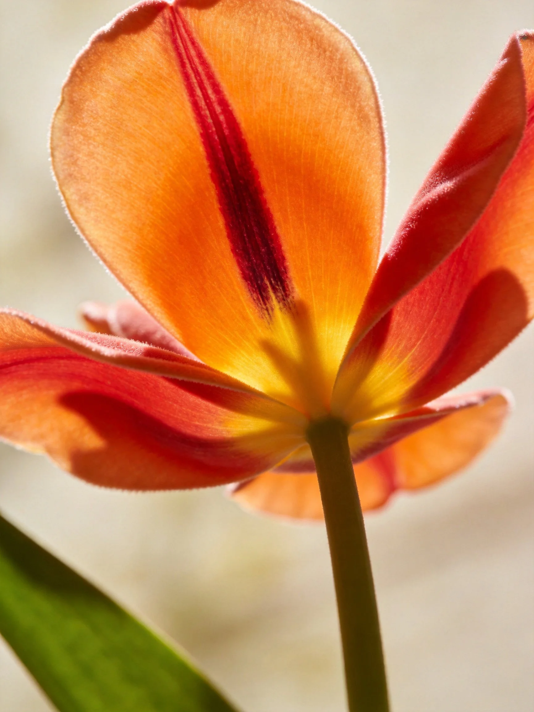 Close-up of a vibrant orange-red tulip with yellow center