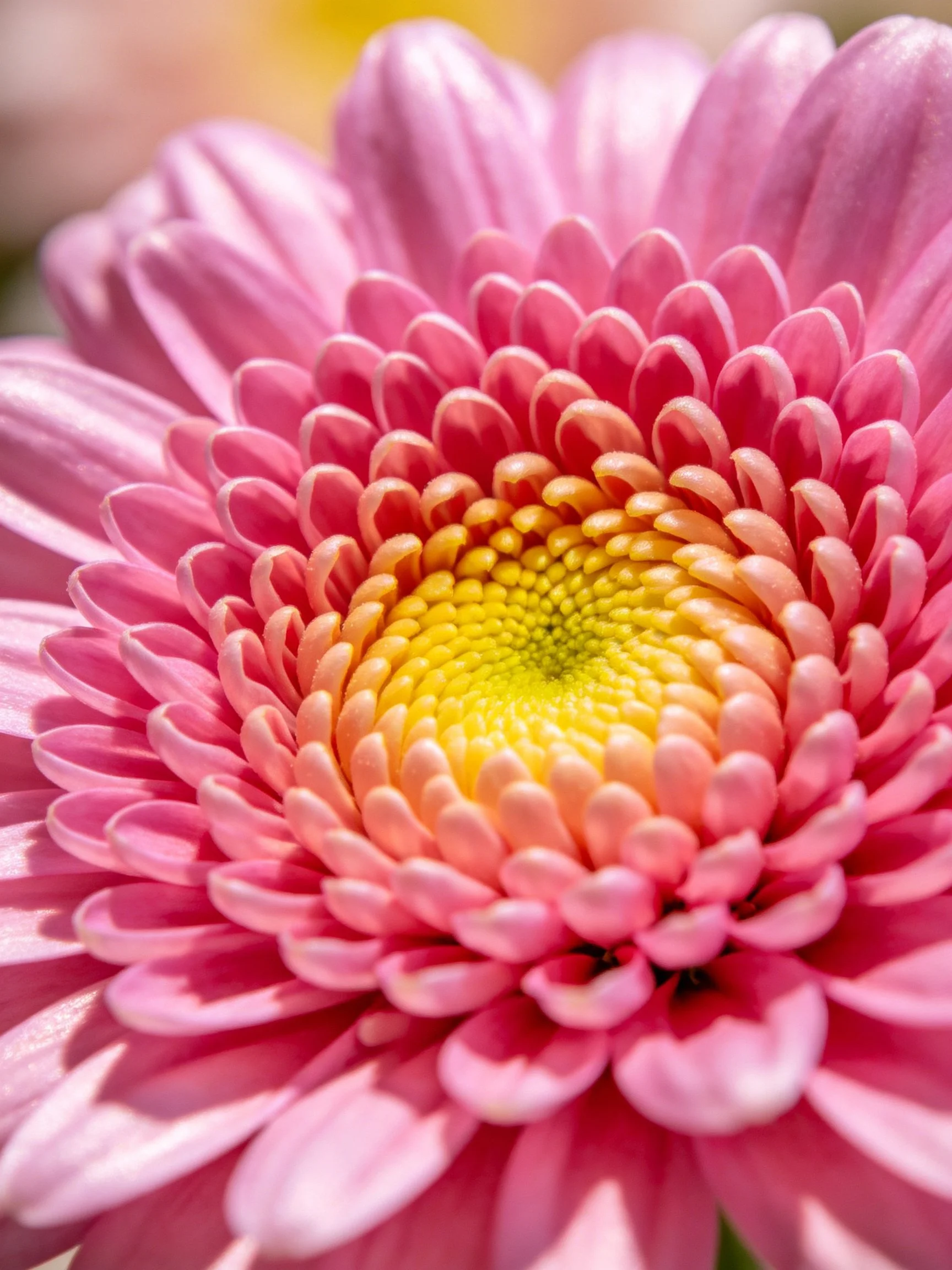 Close-up of a vibrant pink chrysanthemum with golden-yellow center