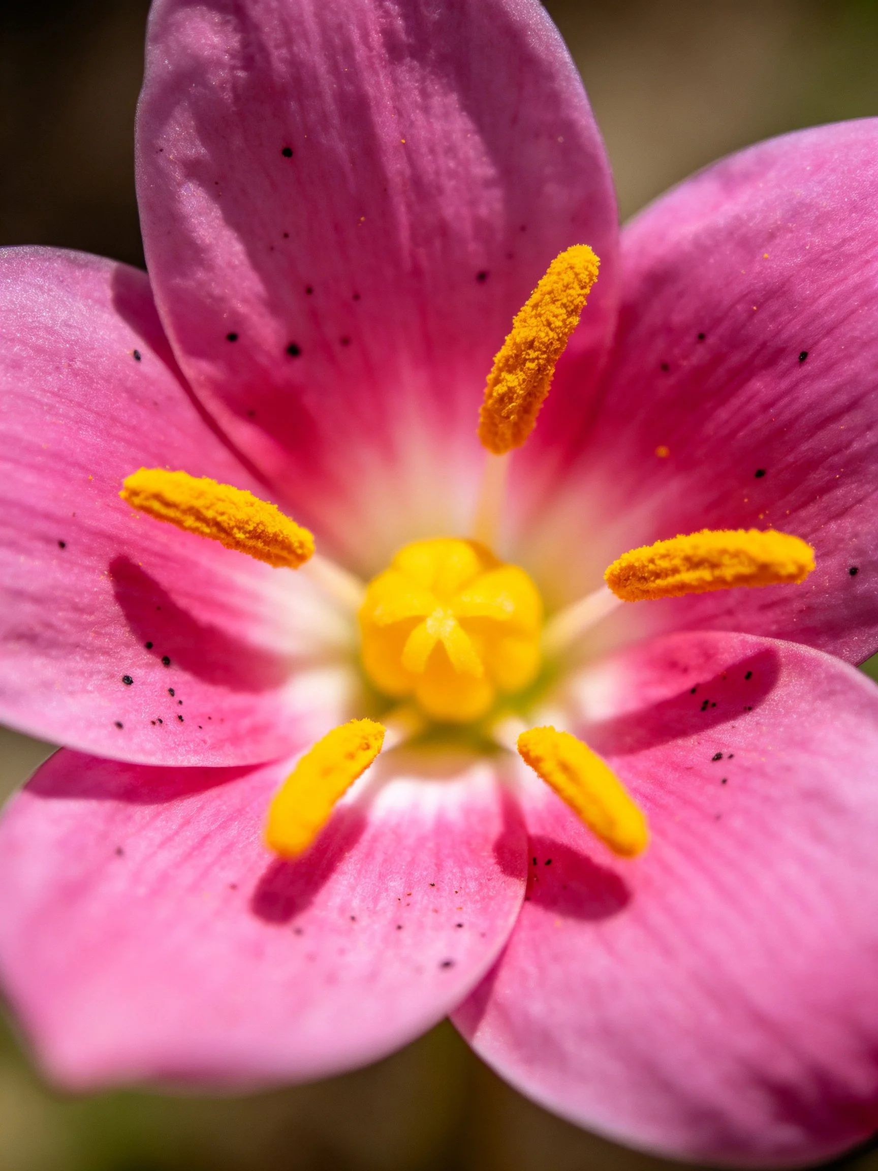 Close-up of a vibrant pink flower with bright yellow stamens