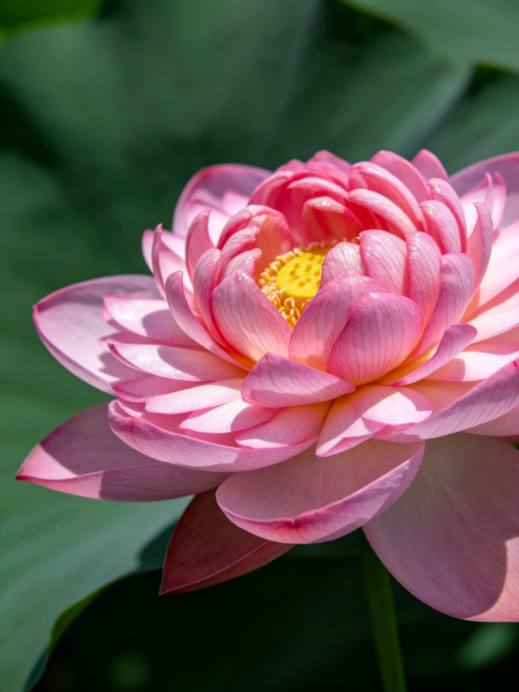 Close-up of a vibrant pink lotus with yellow center