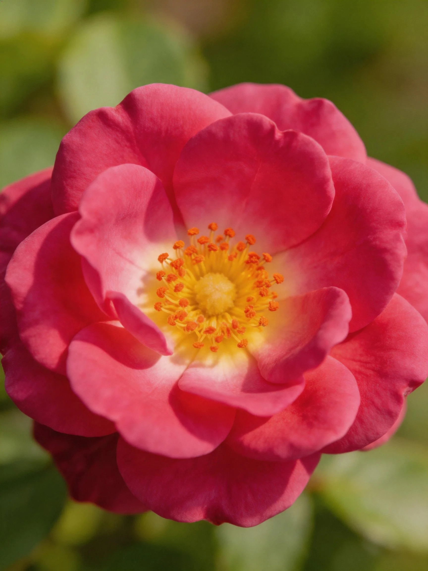 Close - up of a vibrant pink rose with layered petals and golden center