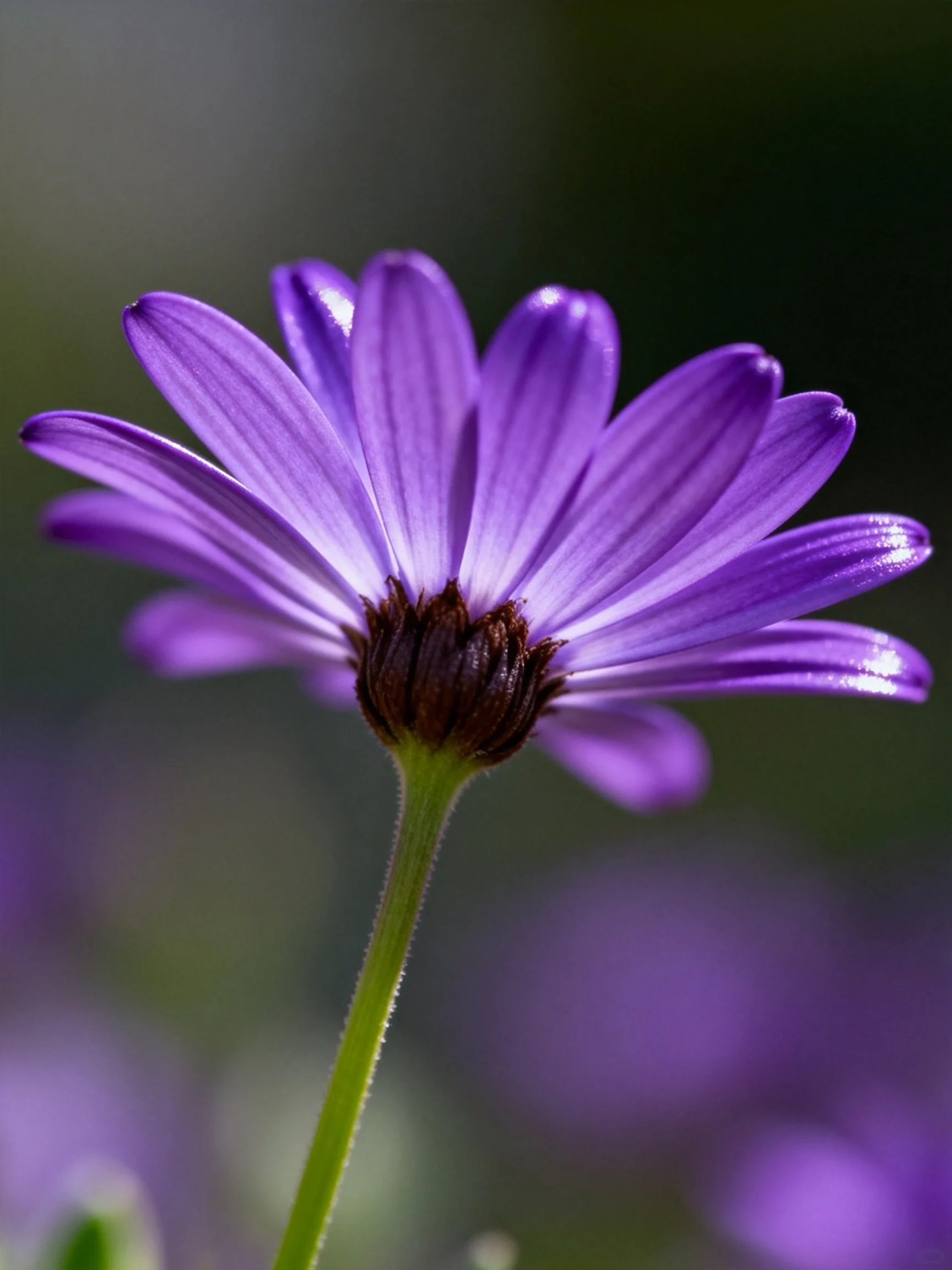 Close - up of a vibrant purple daisy with a dark central core