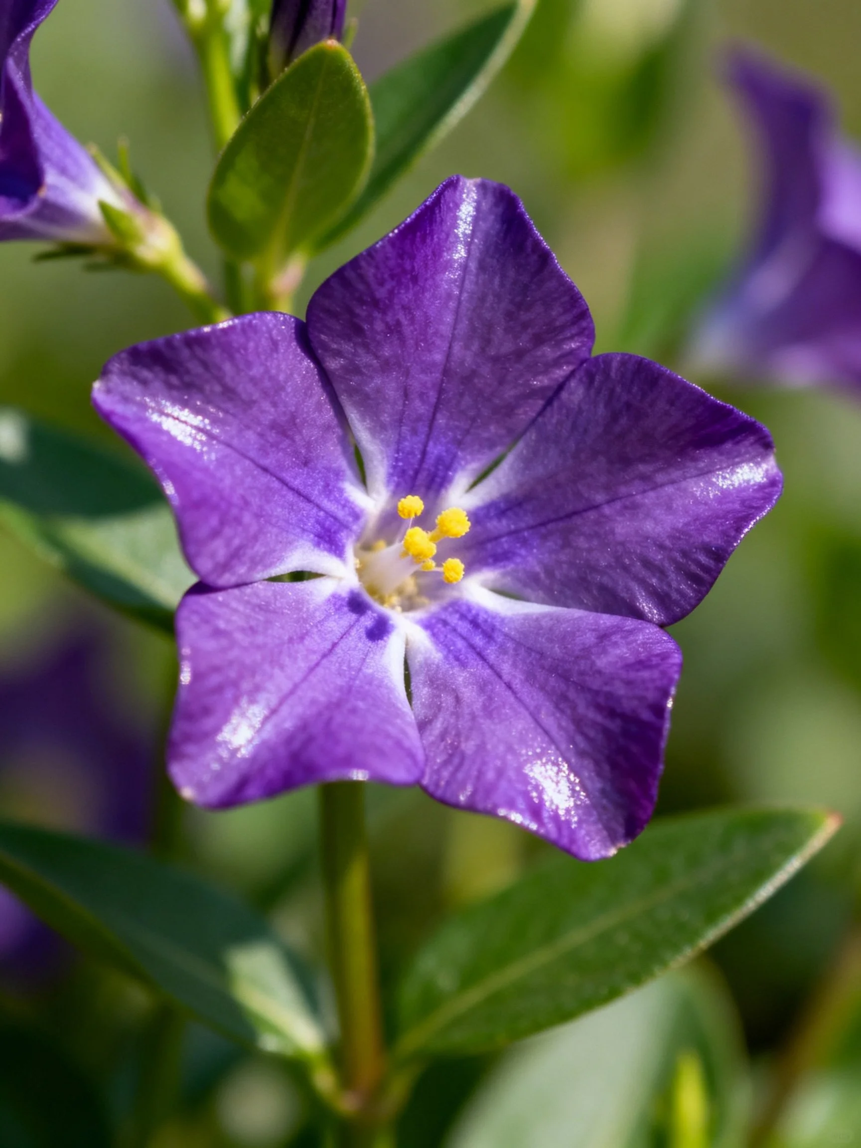 Close - up of a vibrant purple flower with yellow stamens surrounded by green leaves