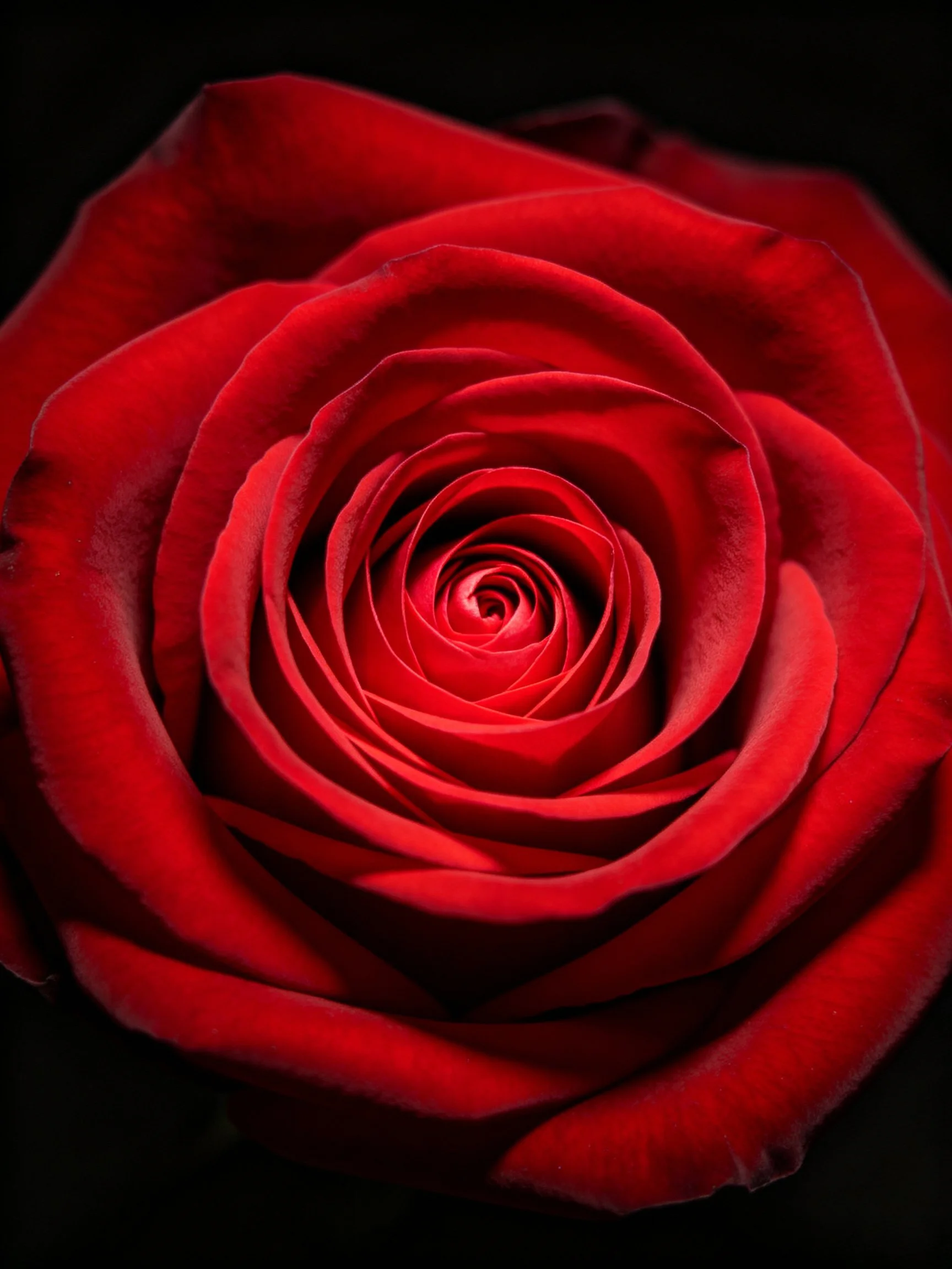 Close - up of a vibrant red rose with layered petals