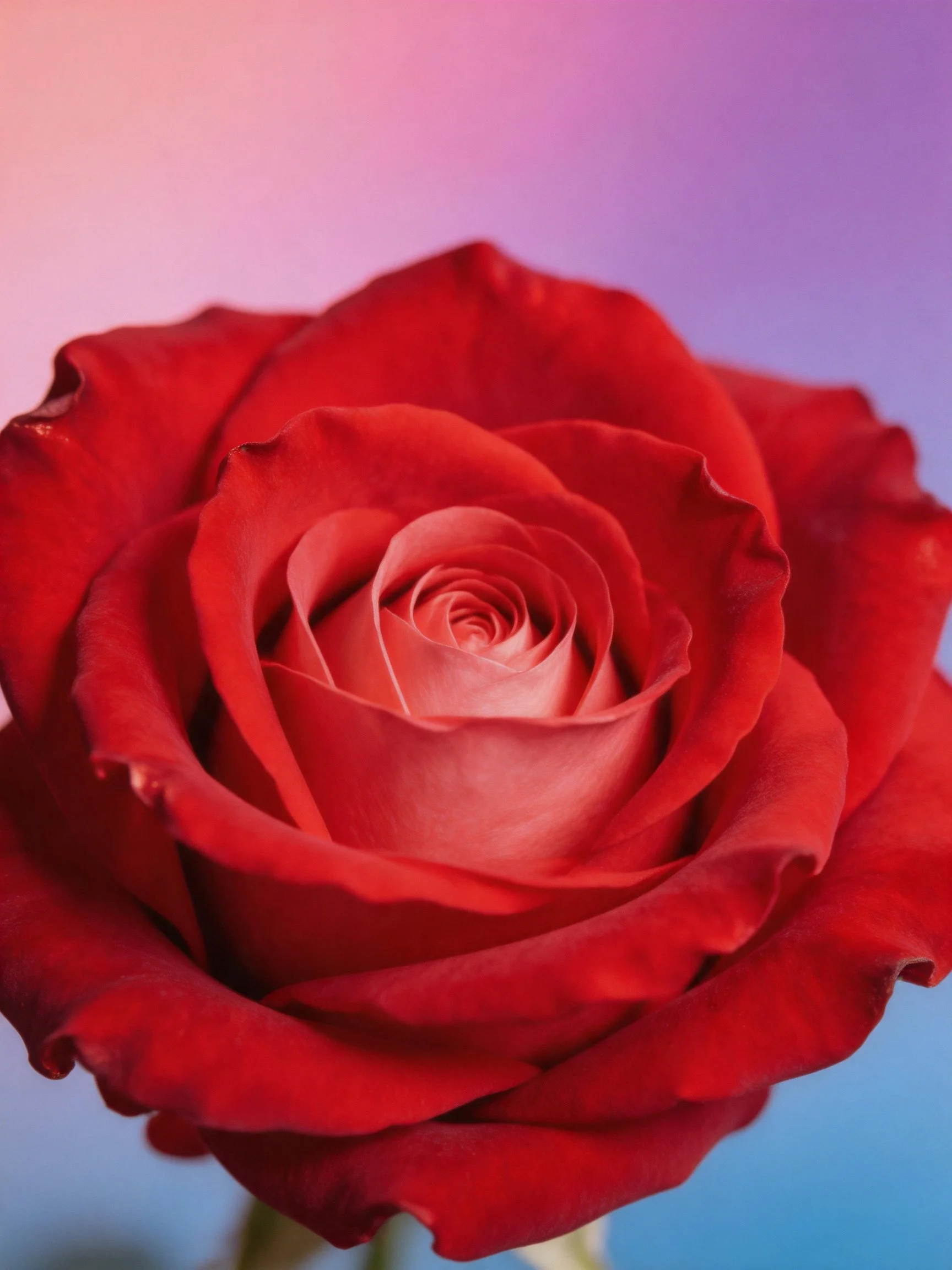 Close-up of a vibrant red rose with layered petals on a pink-purple gradient