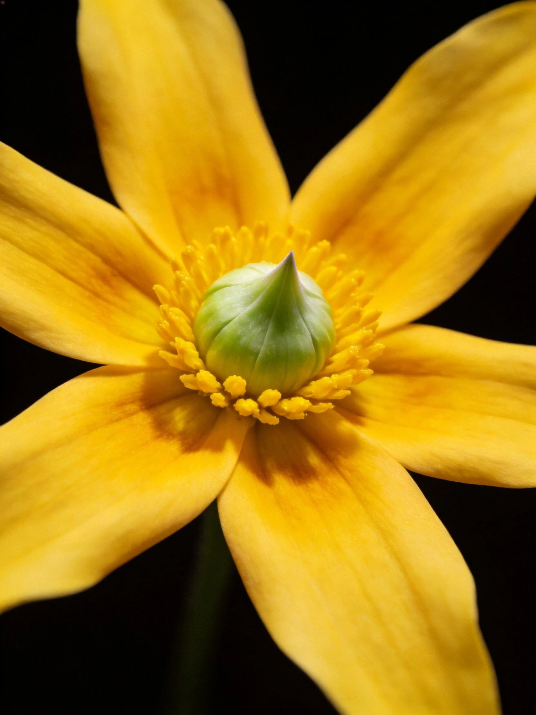 Close-up of a vibrant yellow flower with green central bud