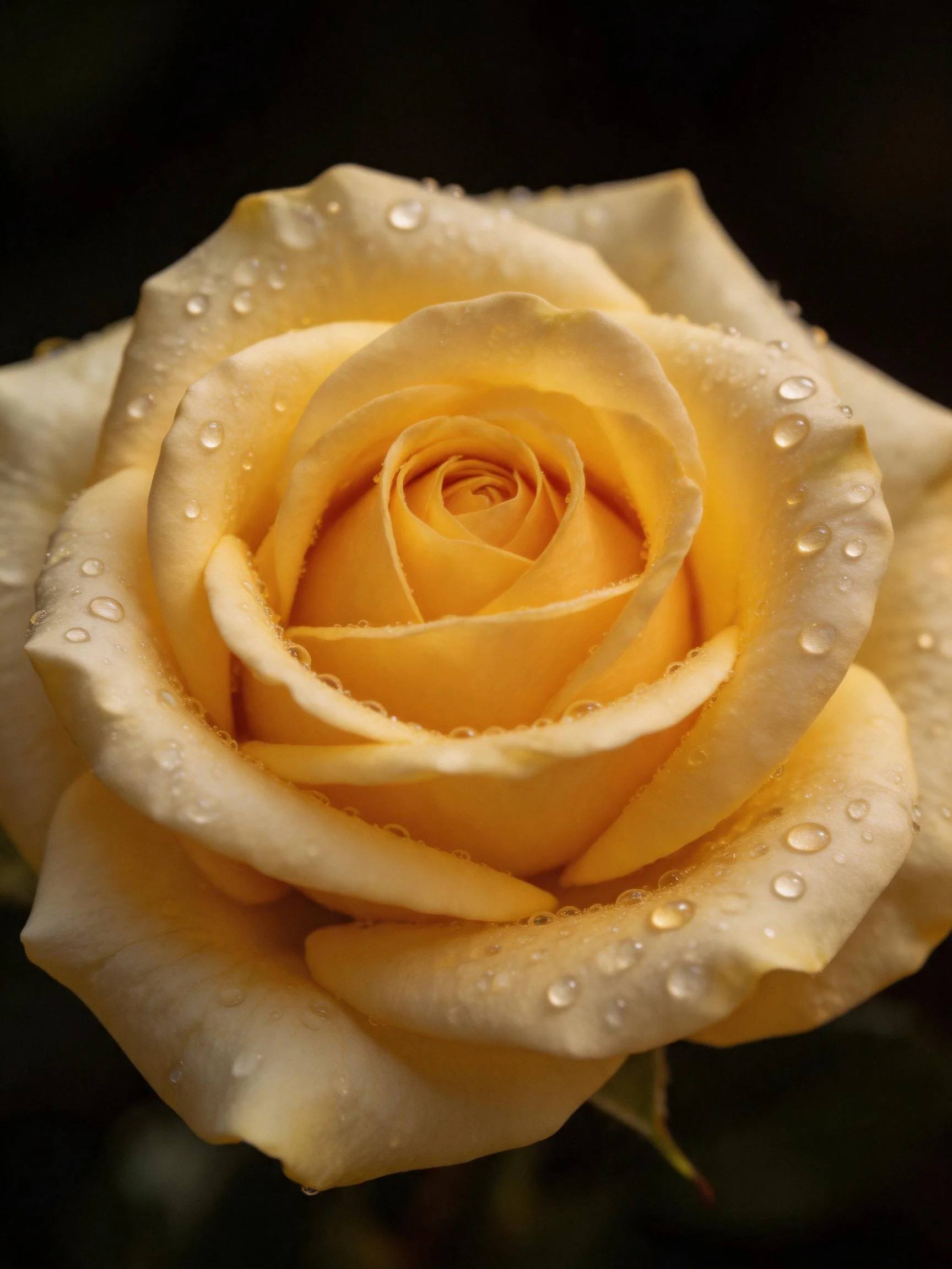 Close - up of a vibrant yellow rose adorned with water droplets