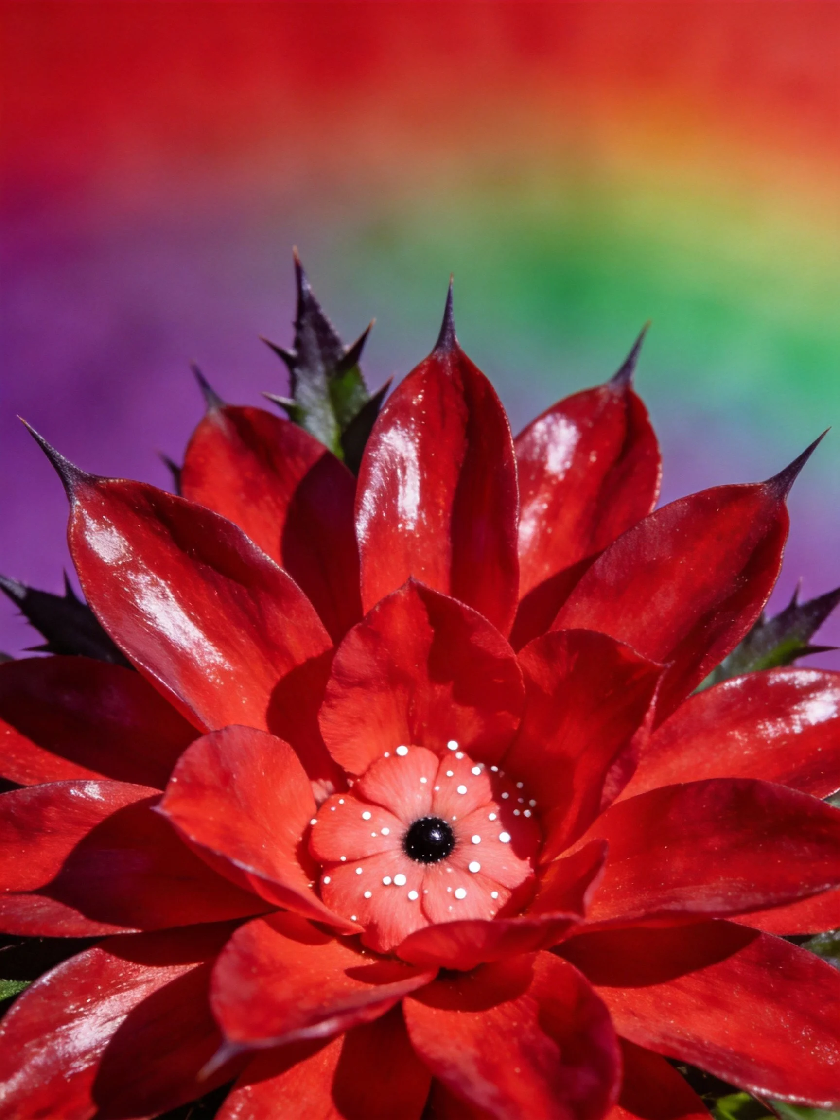 Close - up of a vivid red succulent with layered petals against a rainbow backdrop