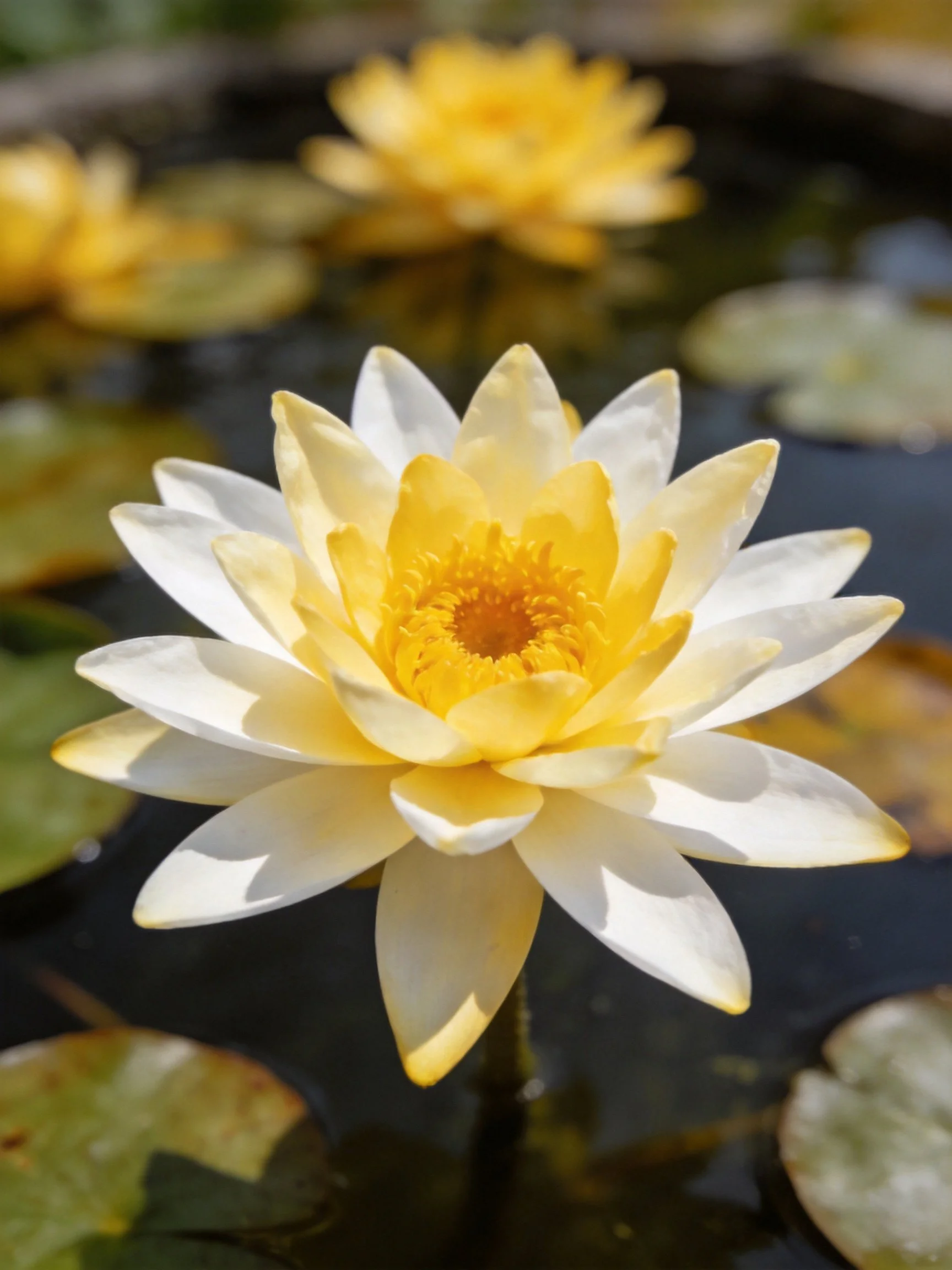 Close-up of a white and yellow water lily with blurred blooms in the background