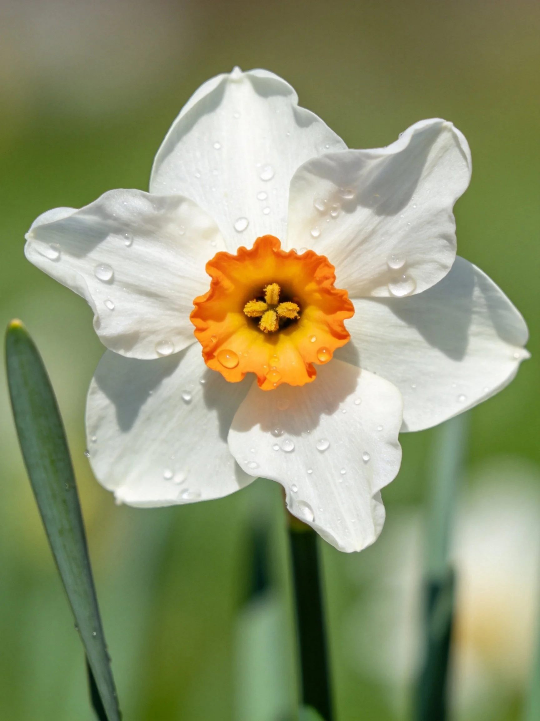 Close-up of a white daffodil with orange center and dew drops