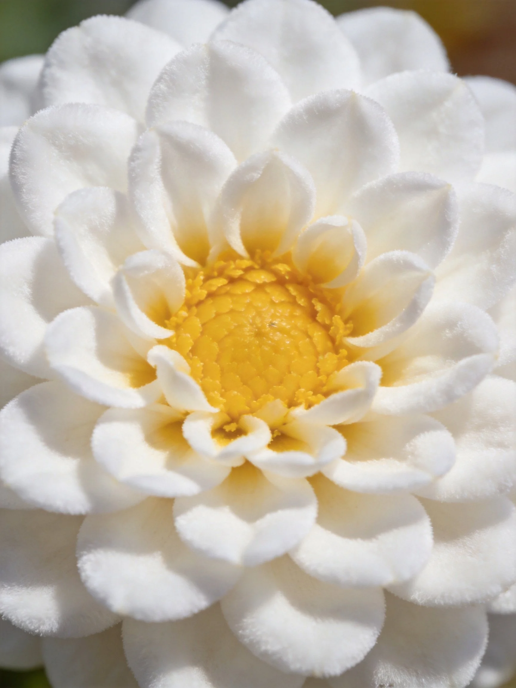 Close-up of a white dahlia with golden-yellow center