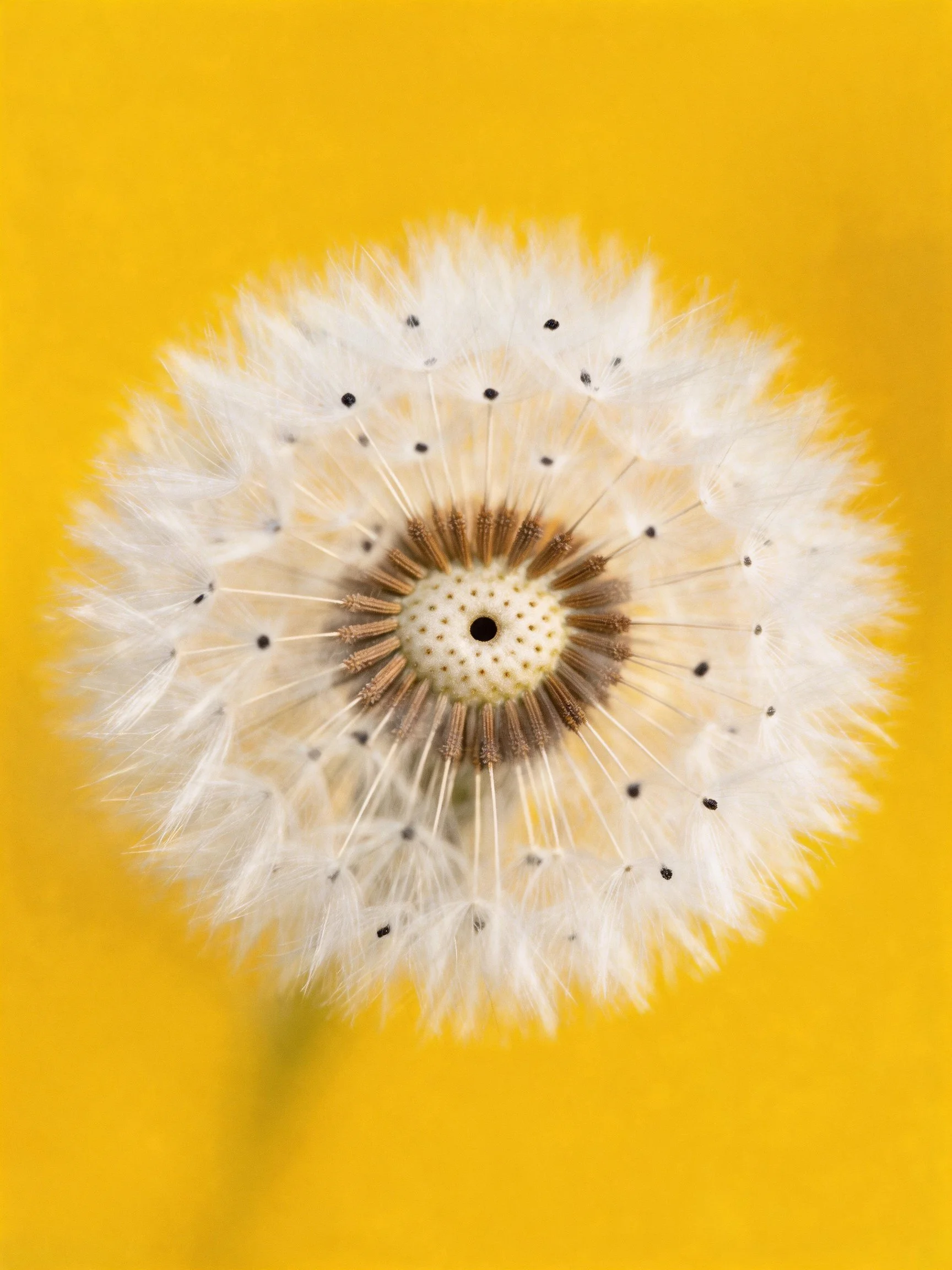 Close-up of a white dandelion seed head on vibrant yellow