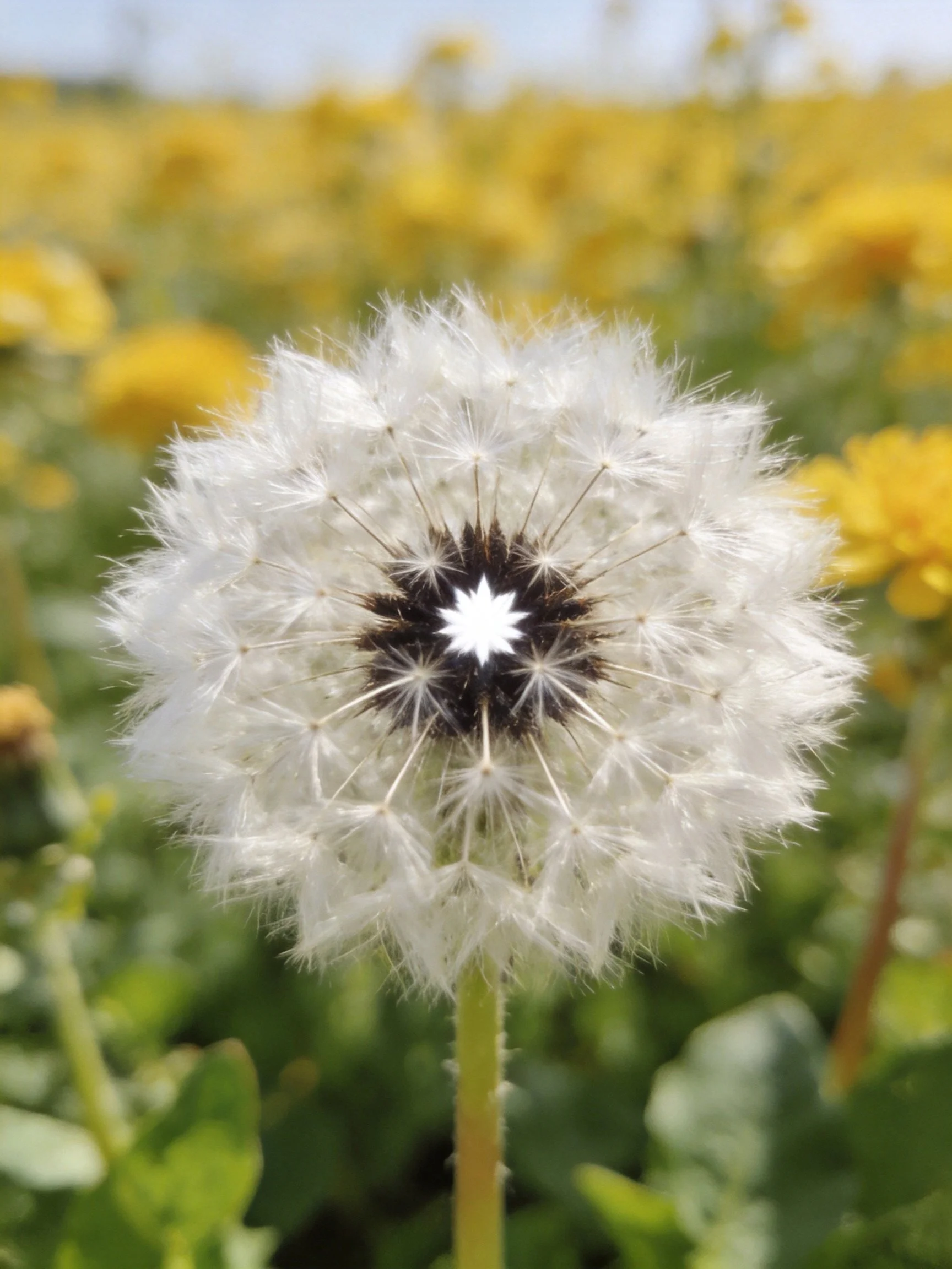 Close - up of a white dandelion seed head with yellow floral backdrop
