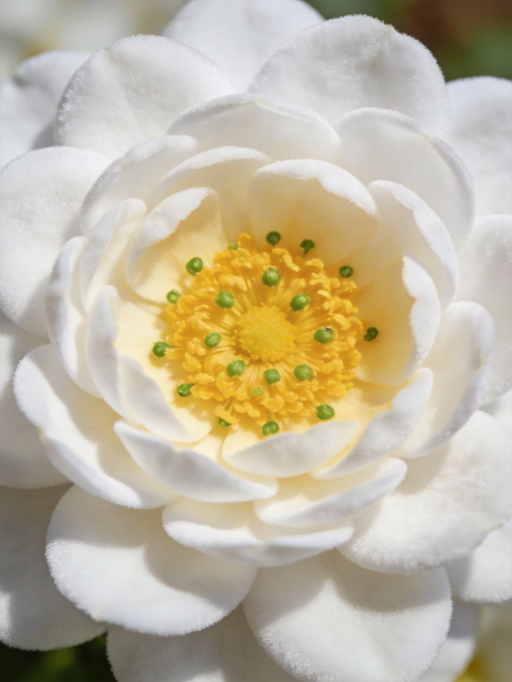 Close - up of a white flower with many layered petals and yellow-green center