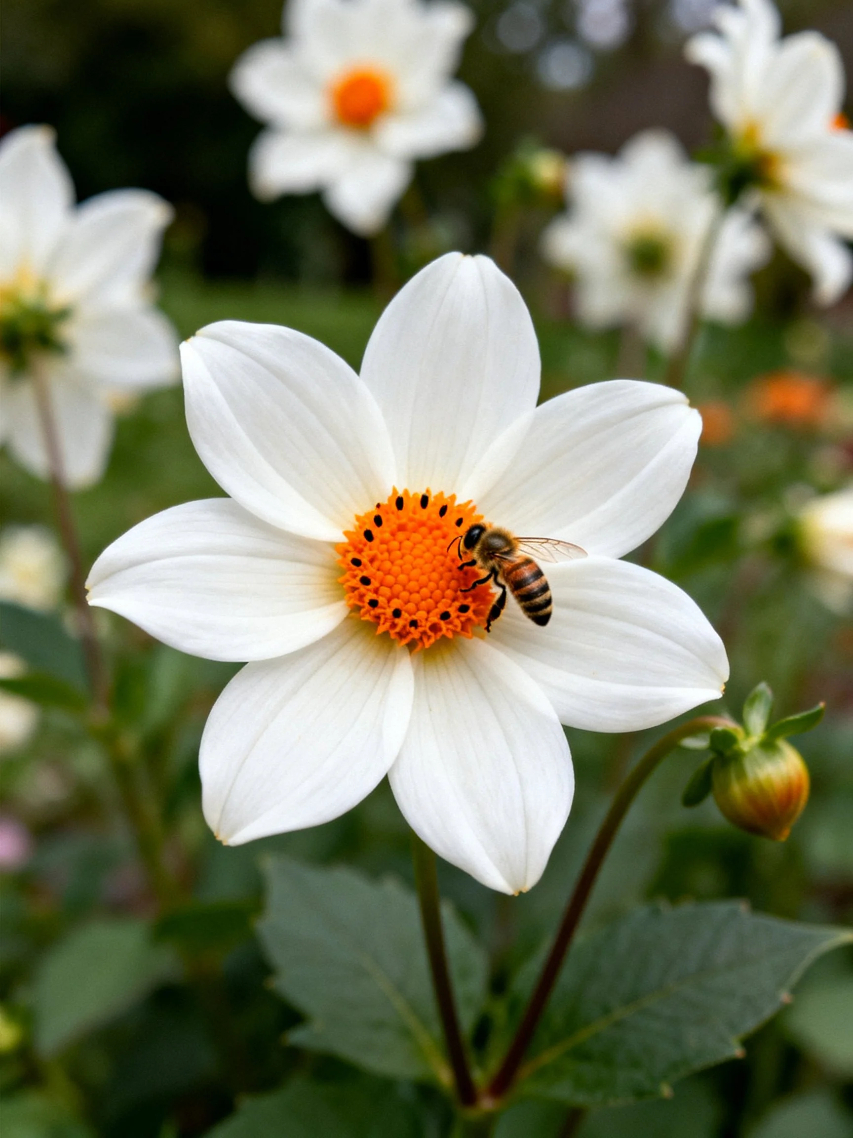 Close-up of a white flower with orange center and bee