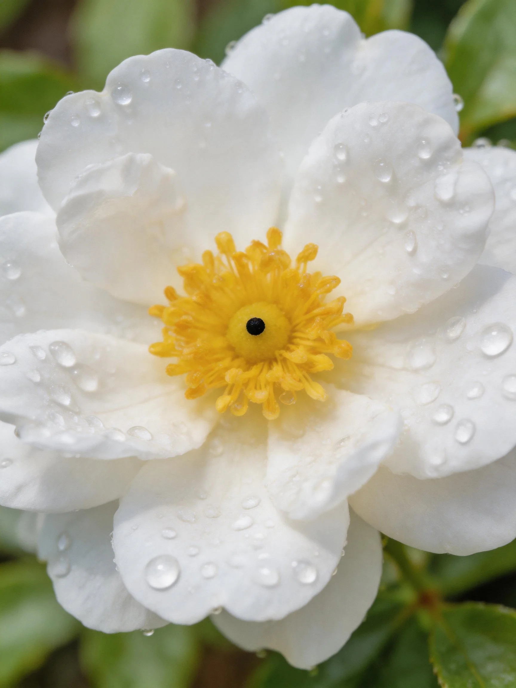 Close - up of a white flower with water droplets and yellow center