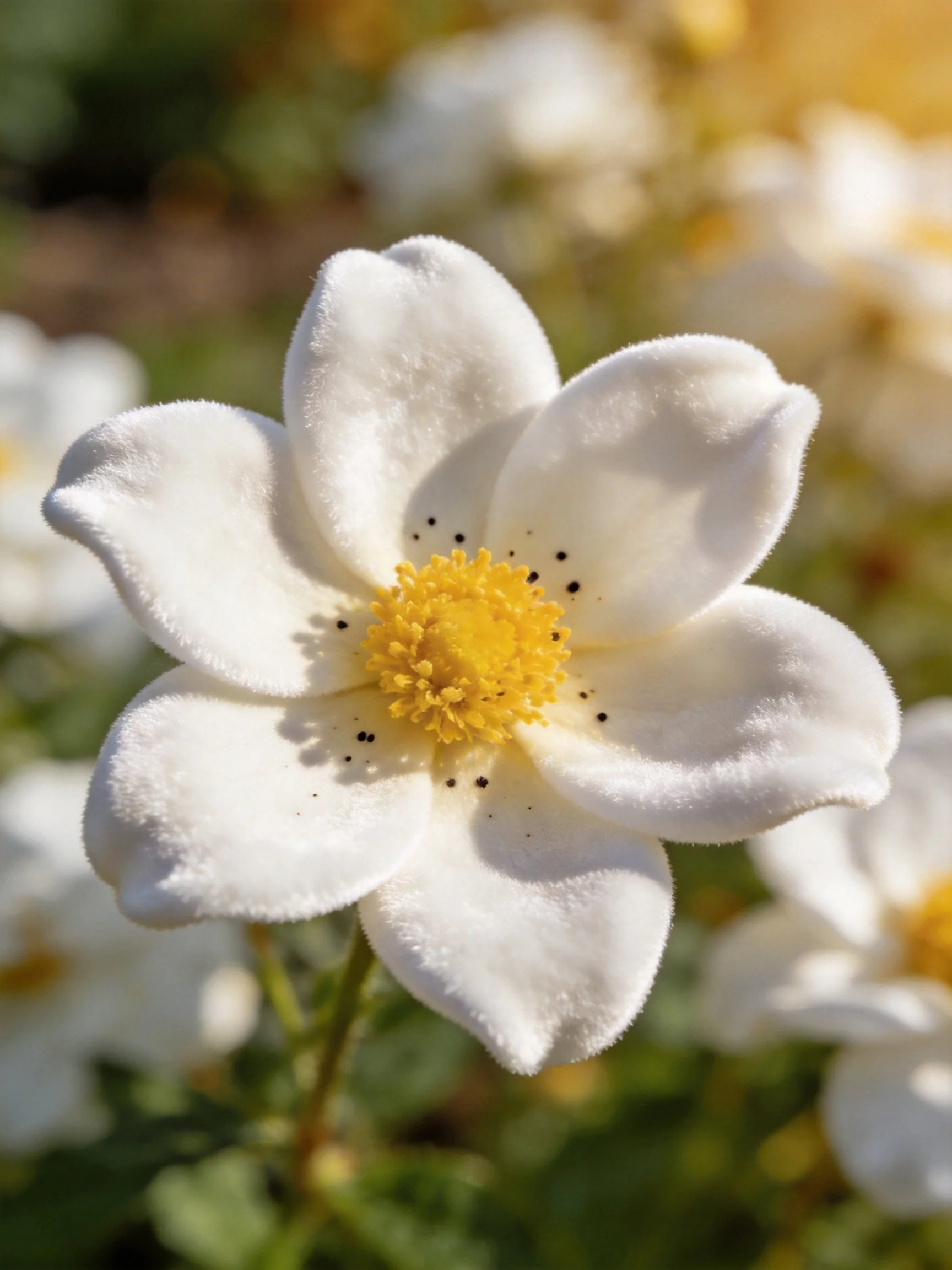 Close-up of a white flower with yellow center amid blurred blooms
