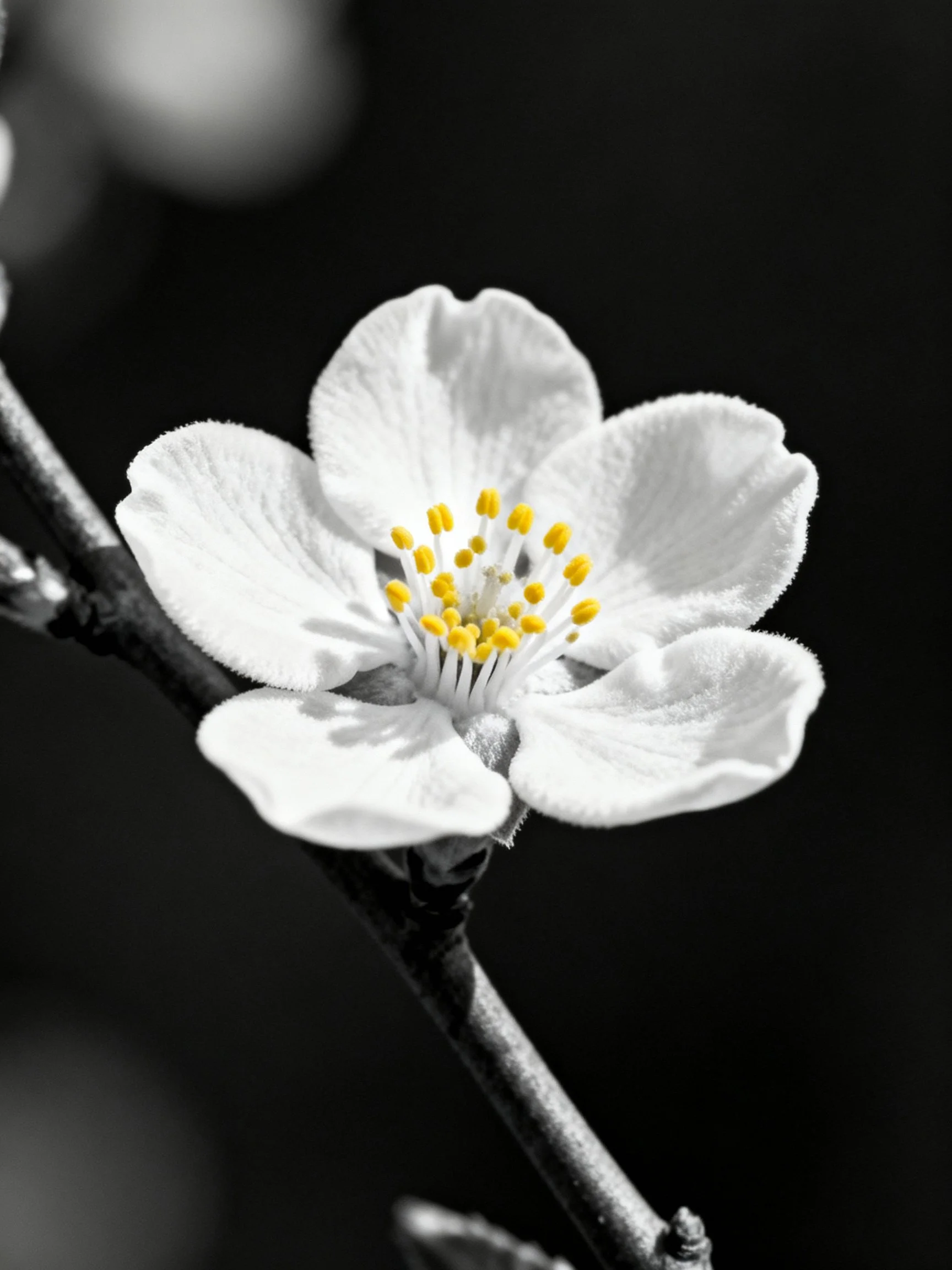 Close-up of a white flower with yellow stamens on a dark branch