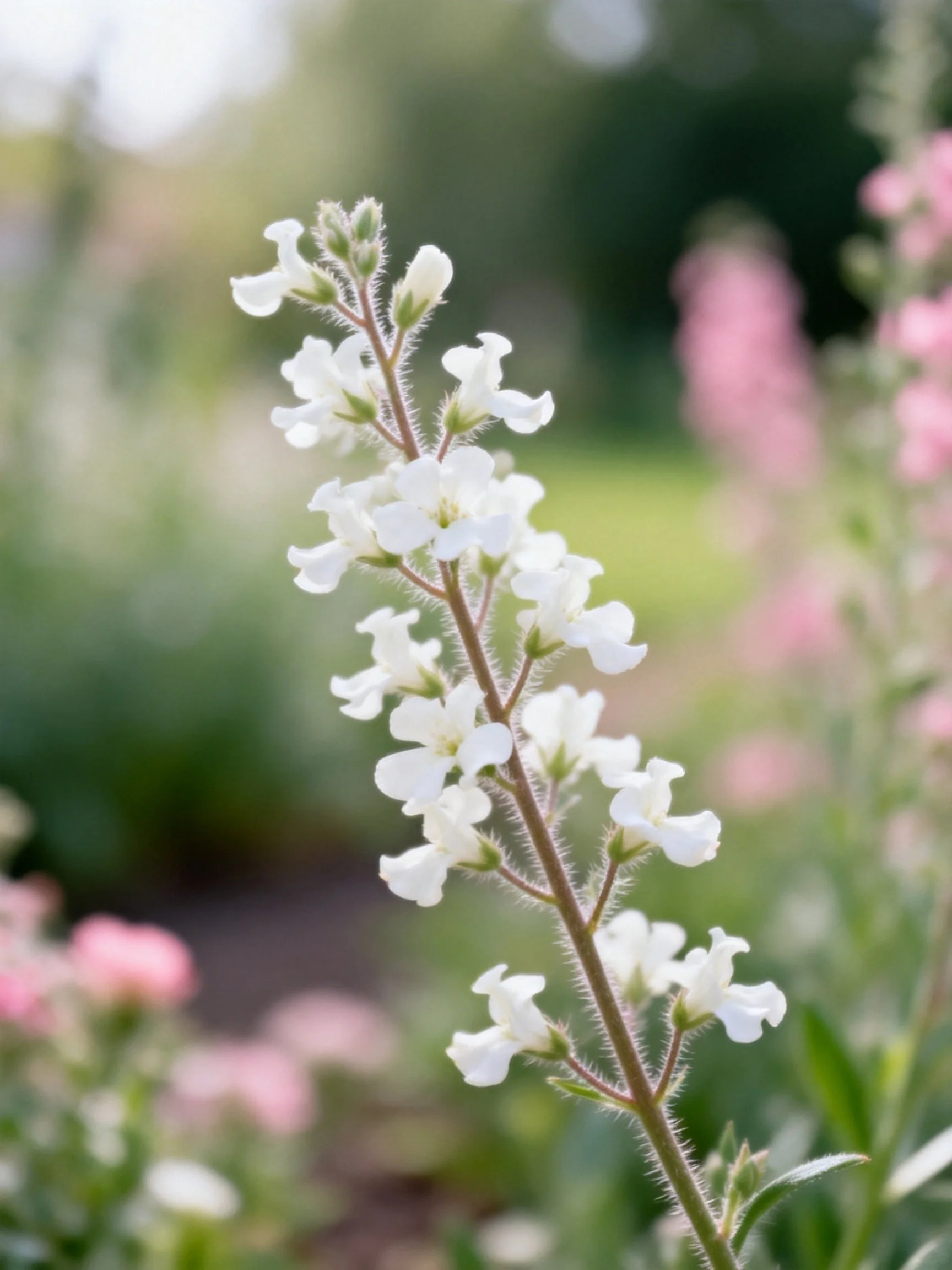 Close-up of a white flowering plant with fuzzy stems among blurred green and pink vegetation