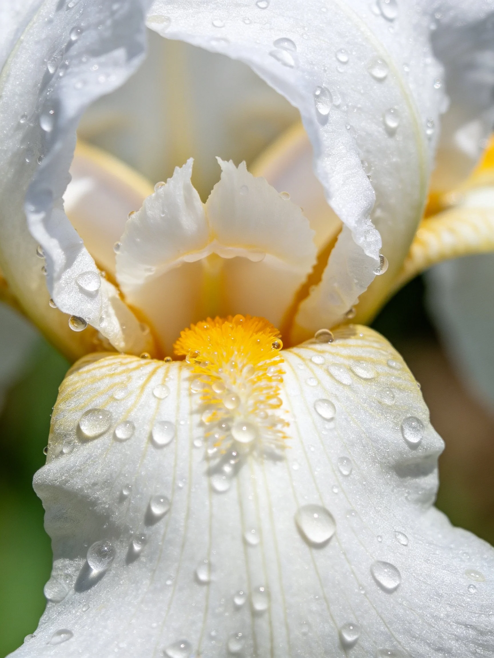 Close - up of a white iris flower with water droplets