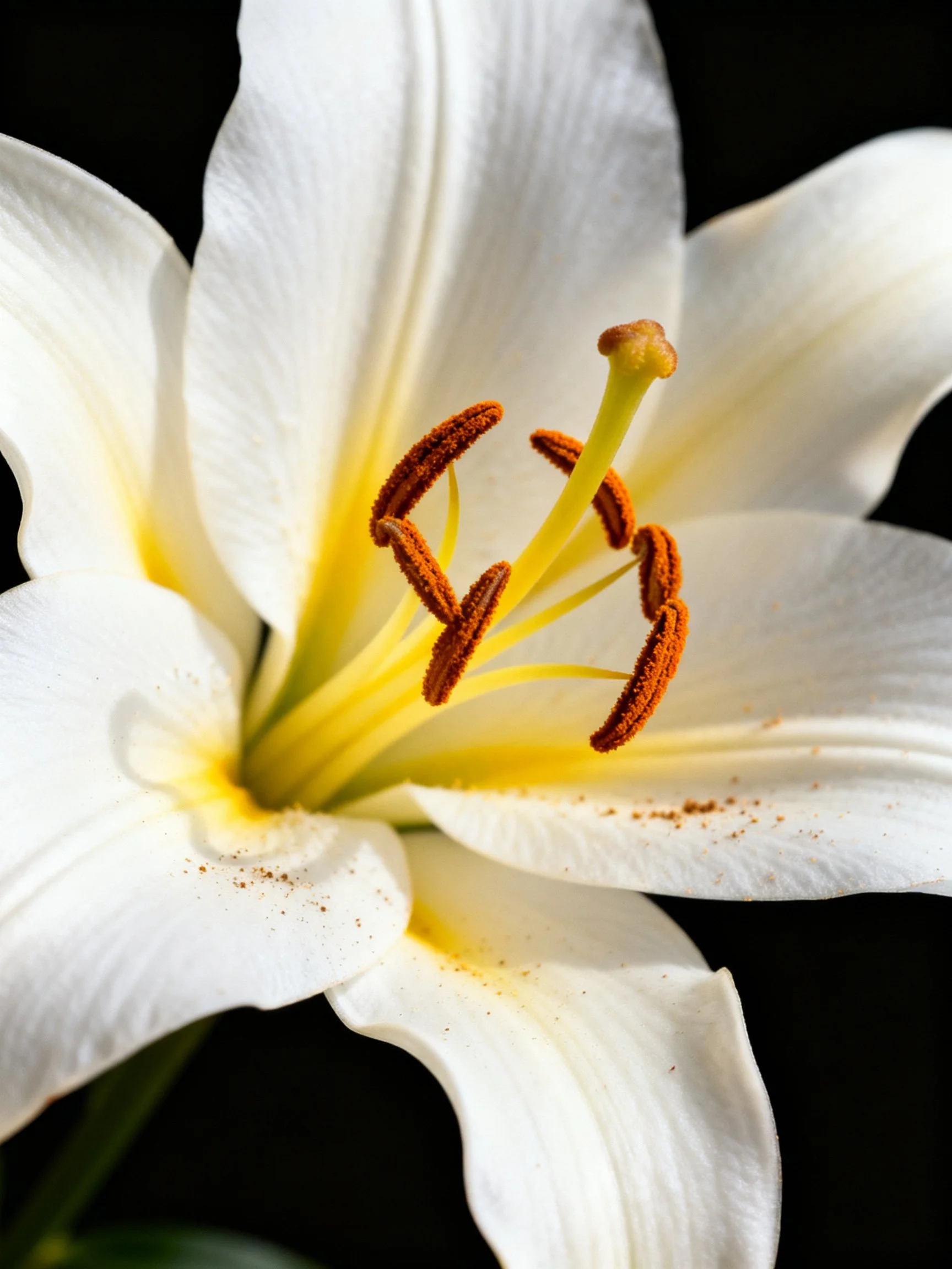 Close - up of a white lily with yellow center and brown stamens