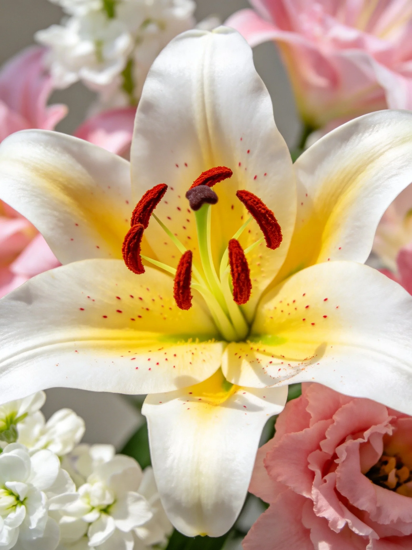 Close-up of a white lily with yellow center and red stamens, surrounded by pink and white flowers.
