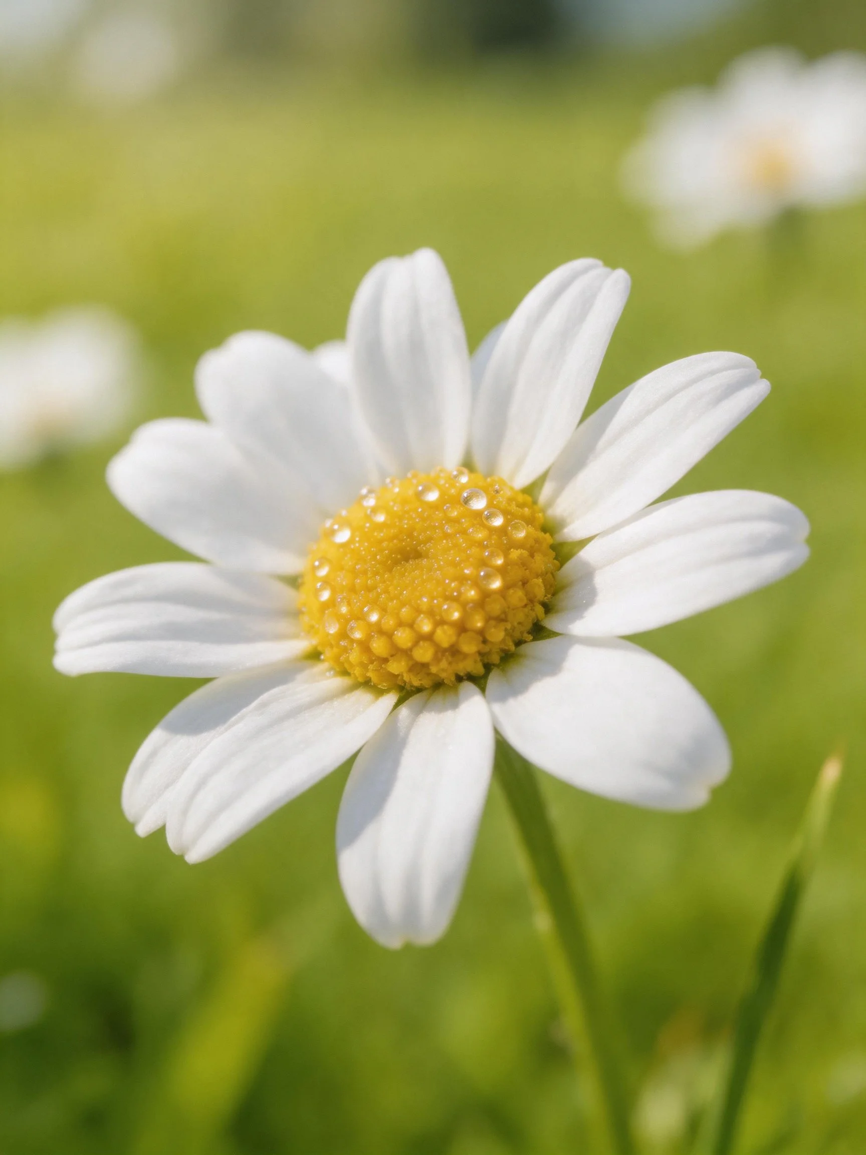 Close - up of a white - petaled daisy with dewy yellow center