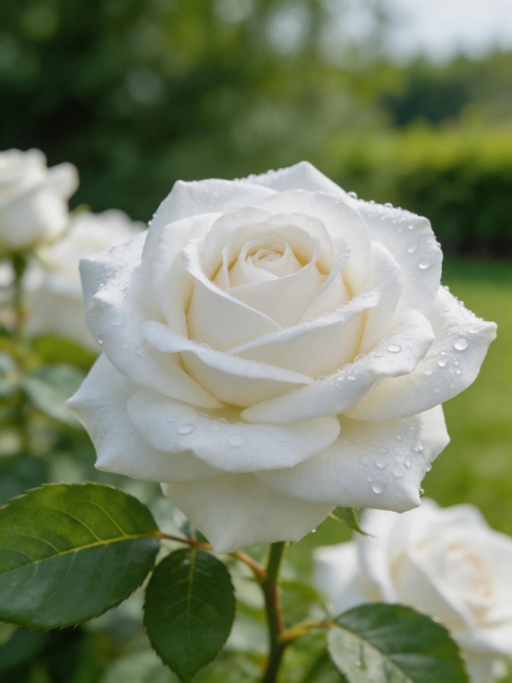 Close-up of a white rose with water droplets and green leaves