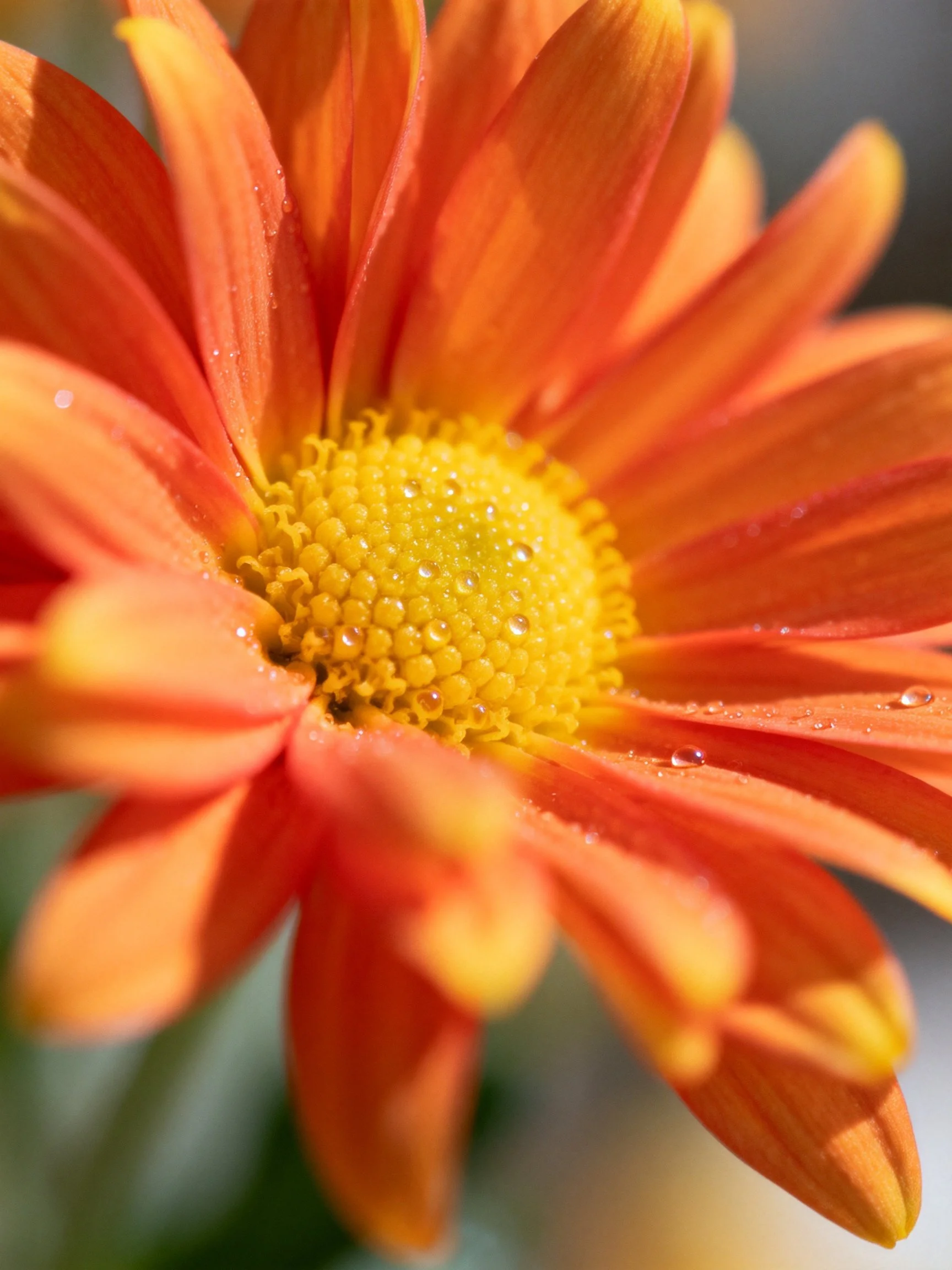 Close-up of an orange flower with yellow center and water droplets
