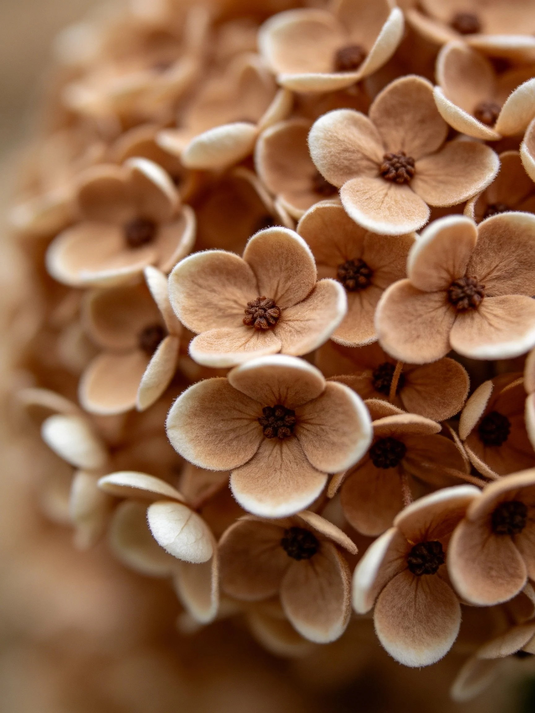 Close-up of clustered dried beige flowers with soft lighting