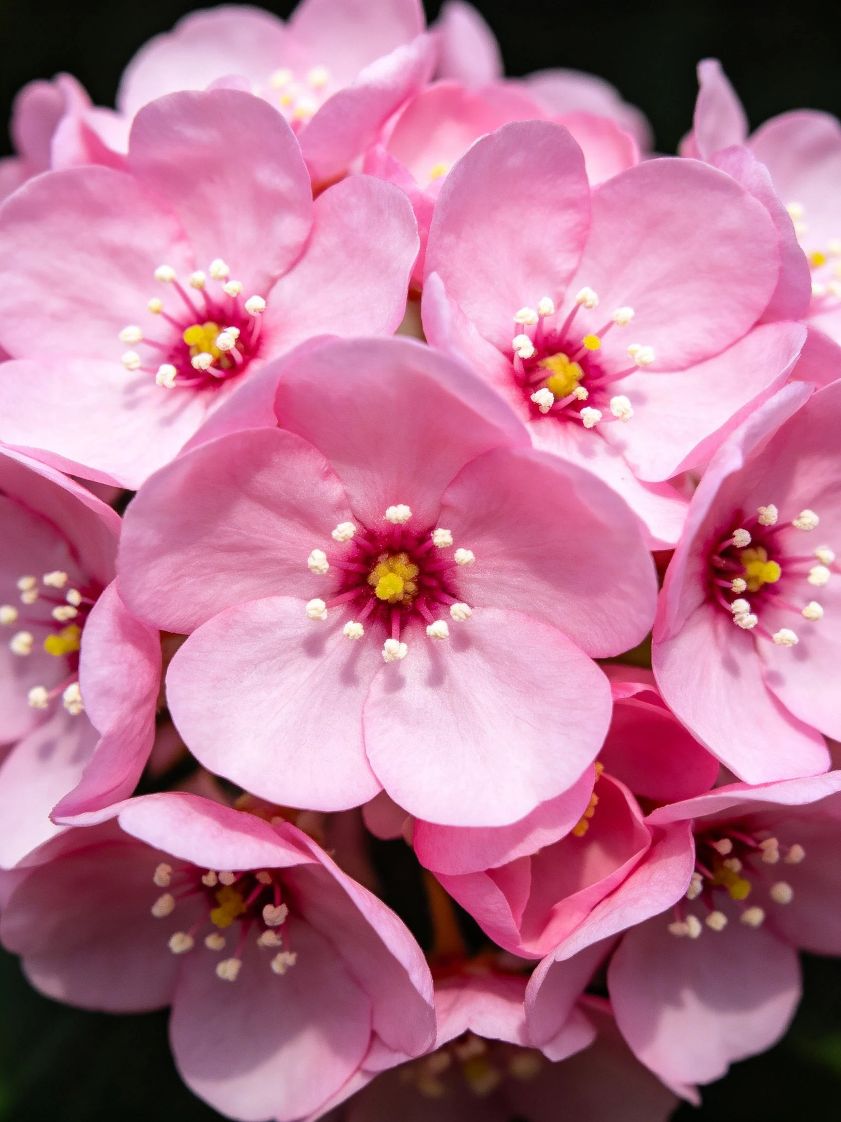 Close-up of clustered vibrant pink flowers with yellow centers