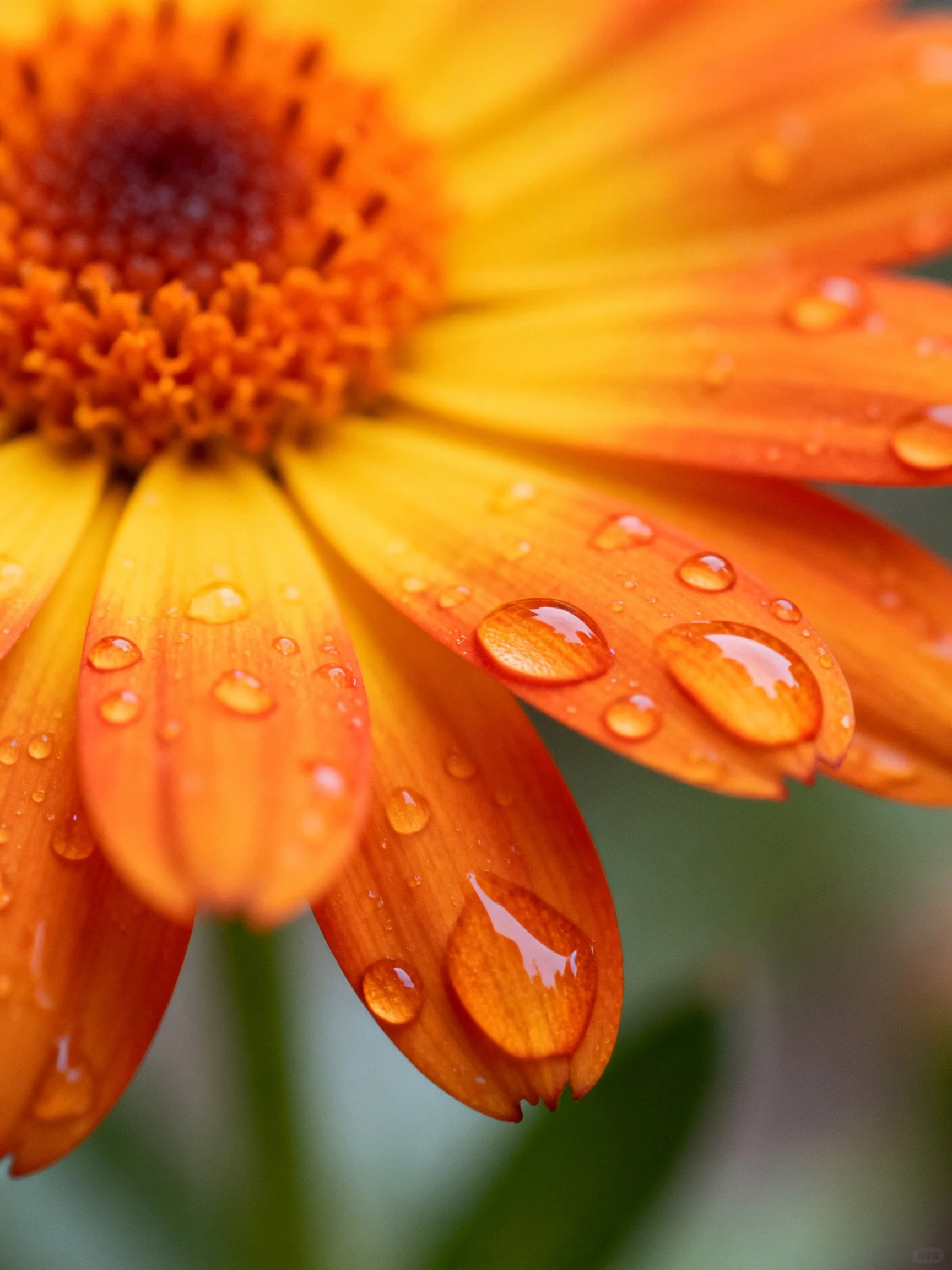 A close-up reveals an orange-yellow flower decorated with glistening water droplets.