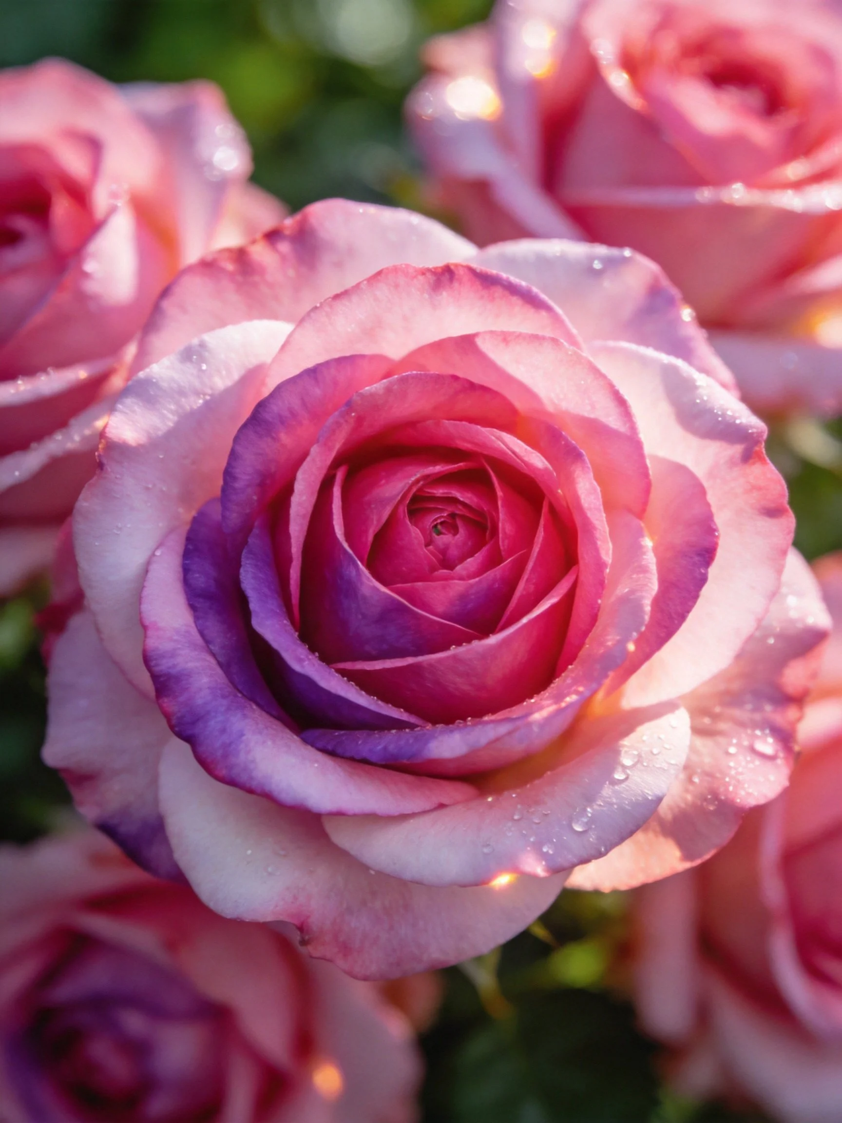Close-up of pink and purple roses with water droplets on petals